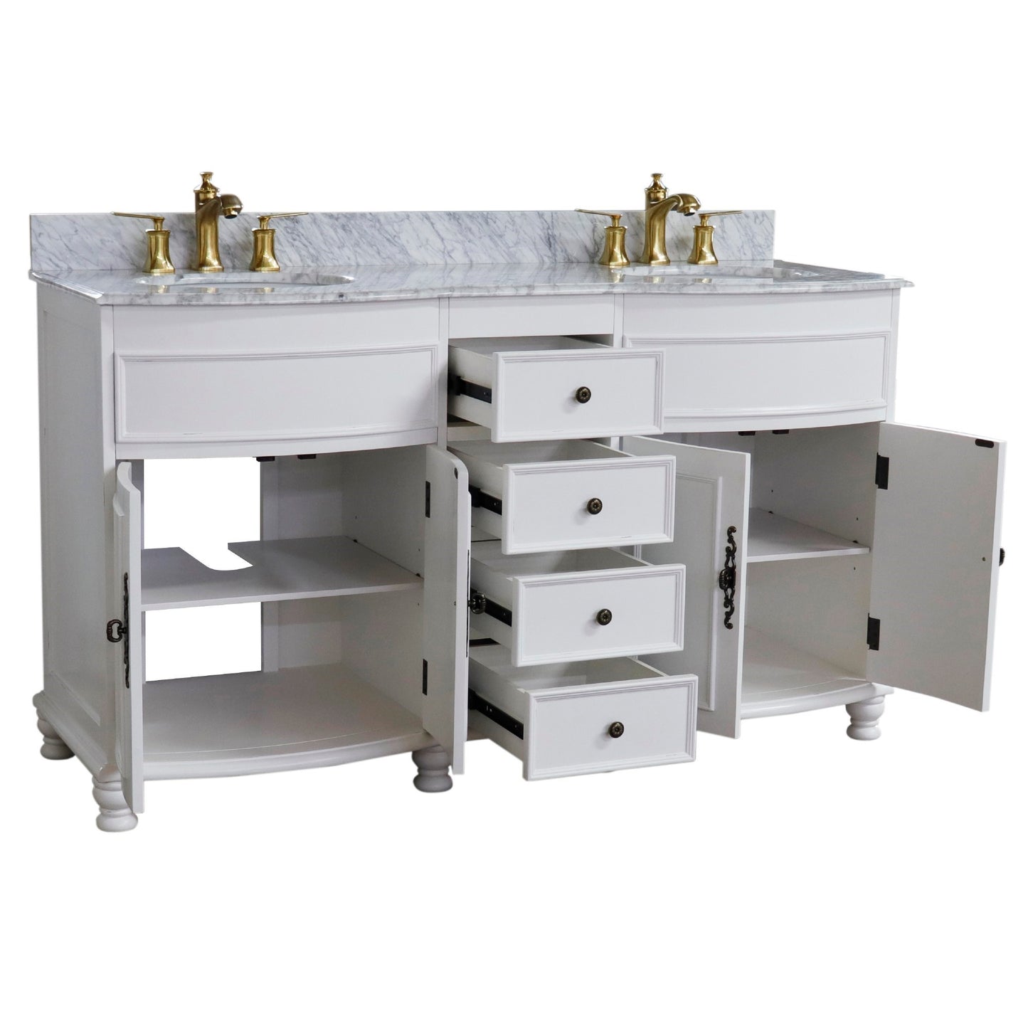62" Double sink vanity Antique White finish in White Marble top