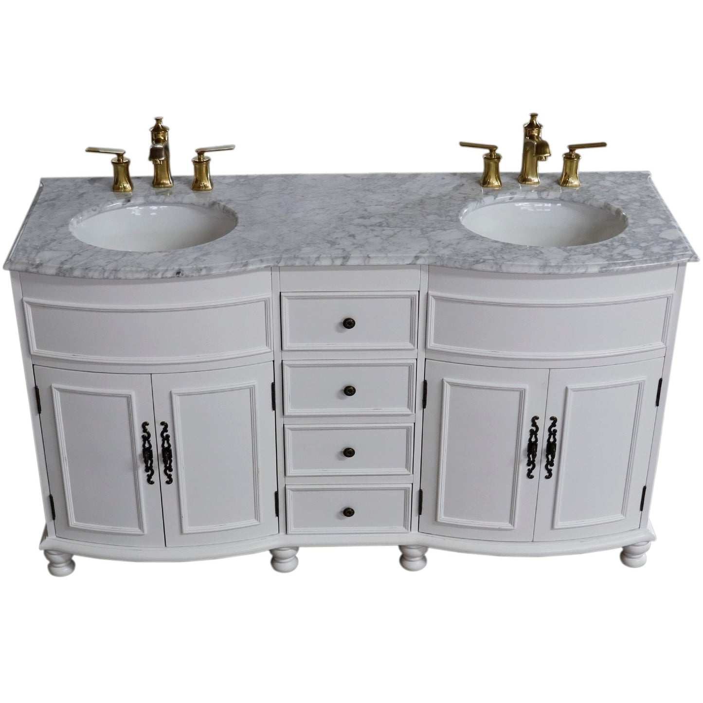 62" Double sink vanity Antique White finish in White Marble top