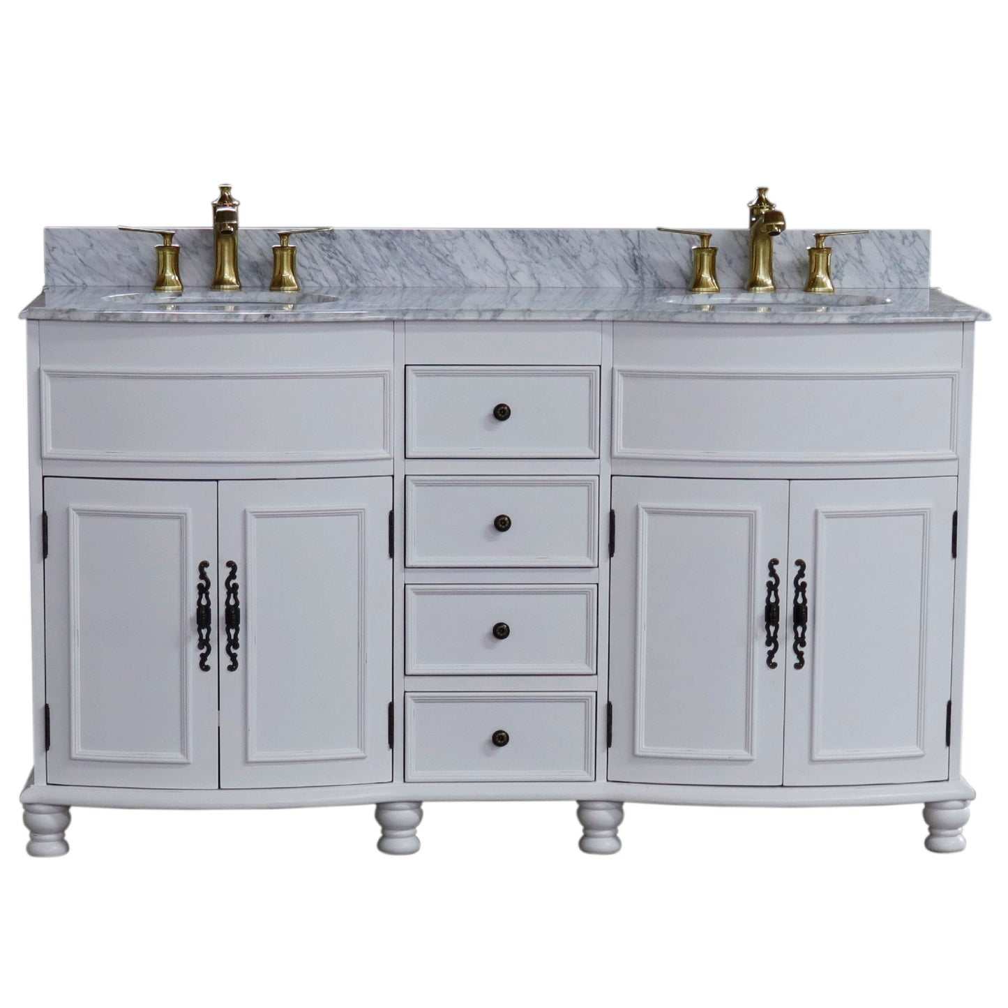 62" Double sink vanity Antique White finish in White Marble top