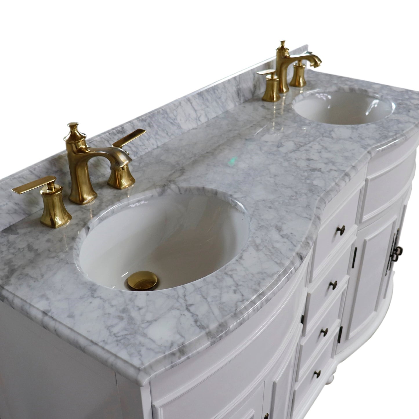 62" Double sink vanity Antique White finish in White Marble top