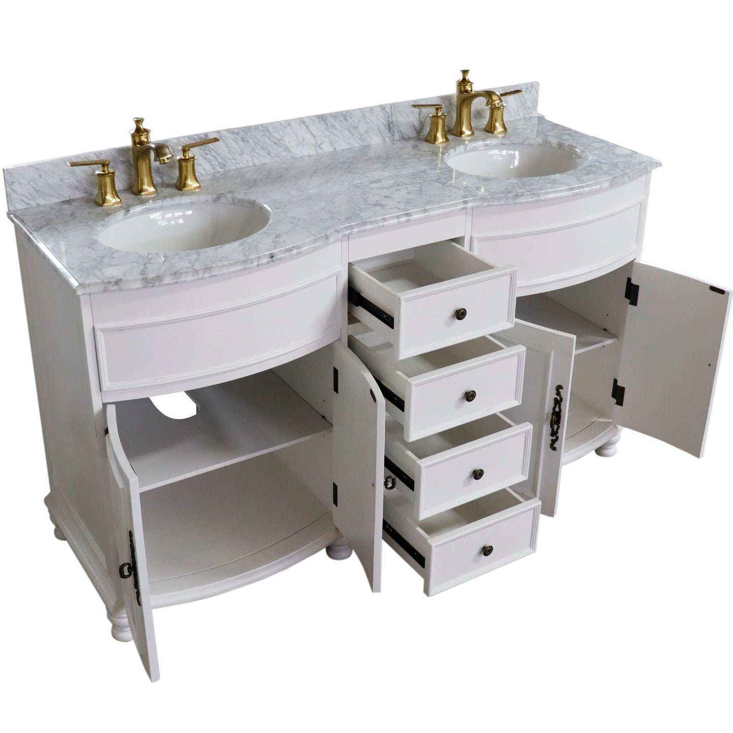 62" Double sink vanity Antique White finish in White Marble top