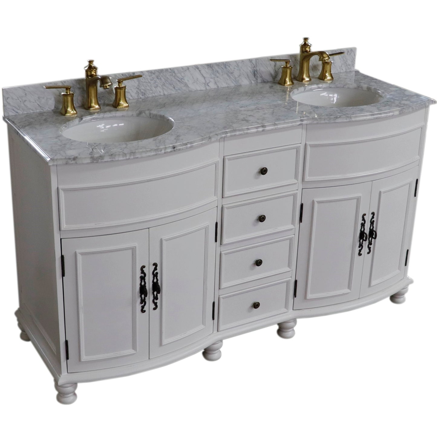 62" Double sink vanity Antique White finish in White Marble top