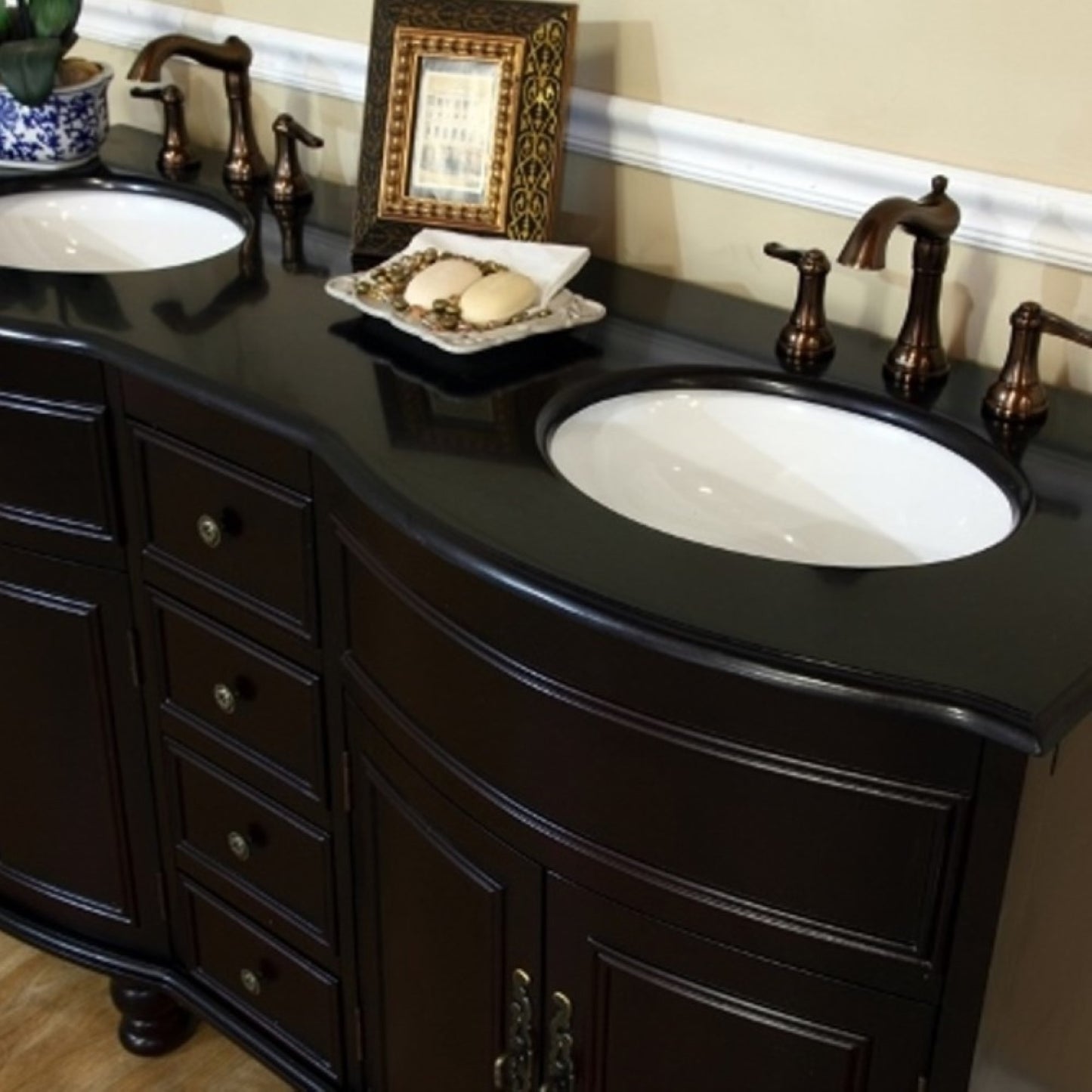 62" Double sink vanity dark mahogany black galaxy