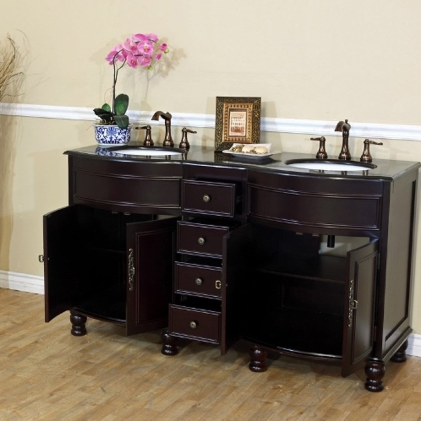62" Double sink vanity dark mahogany black galaxy