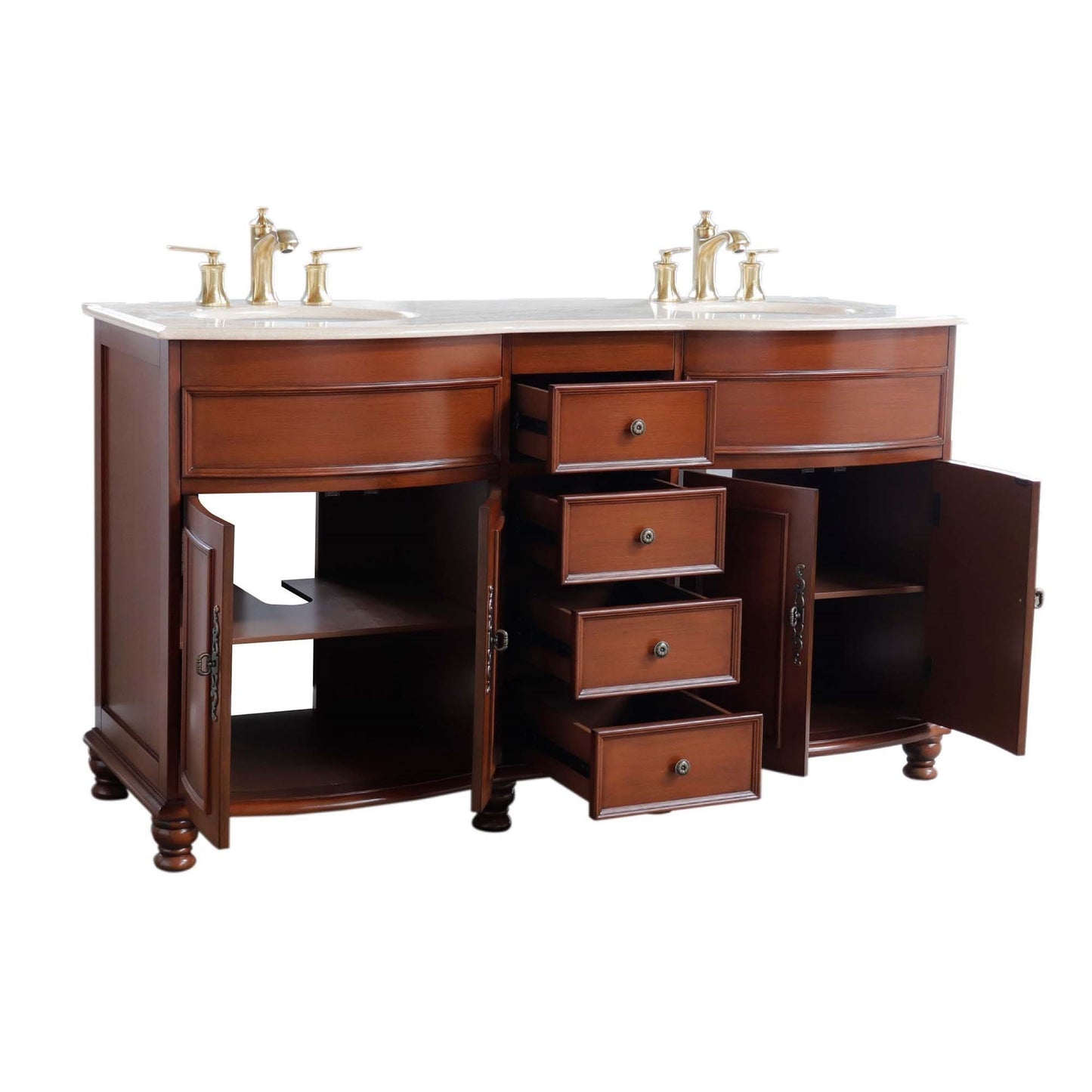62" Double sink vanity Walnut finish in Cream Marble top