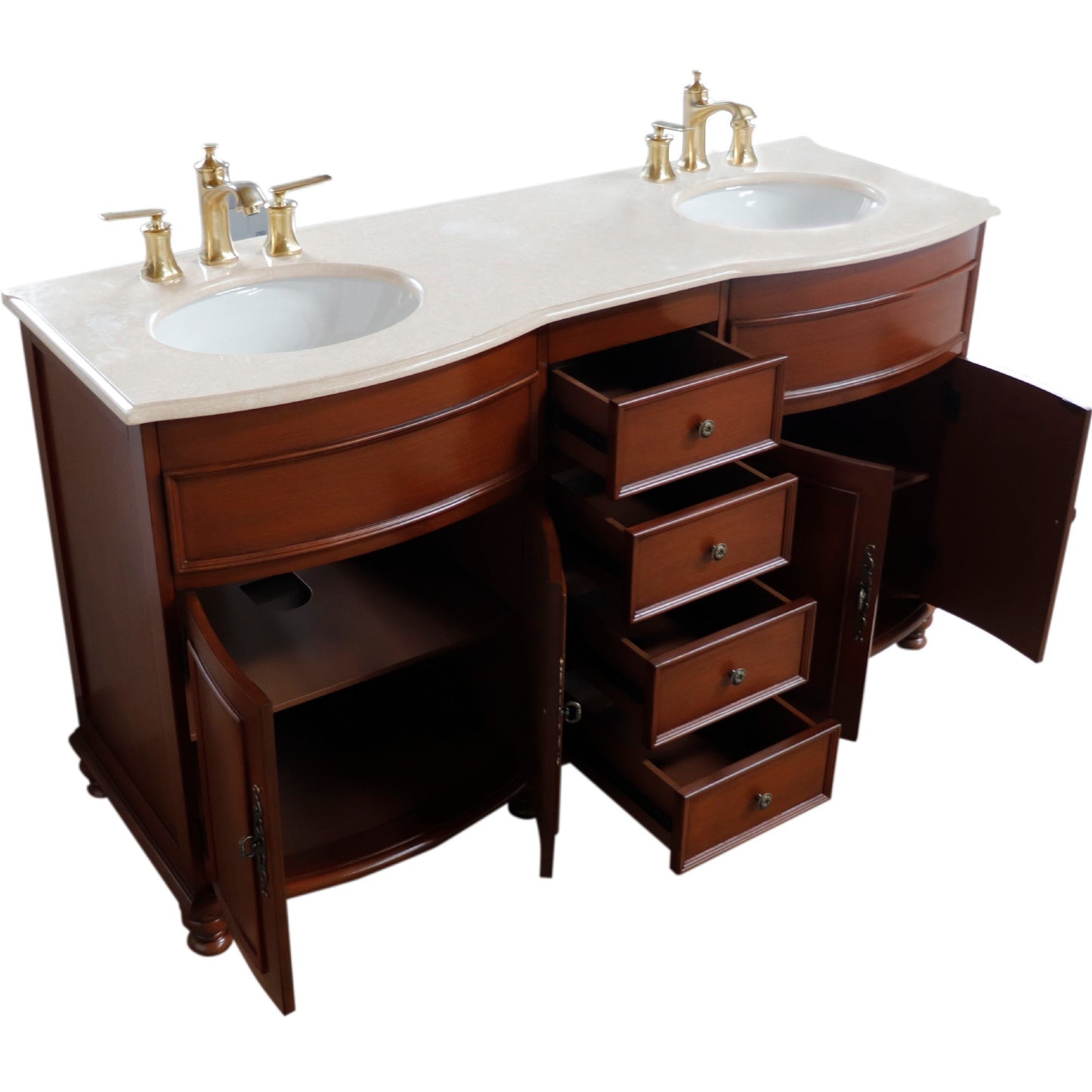 62" Double sink vanity Walnut finish in Cream Marble top