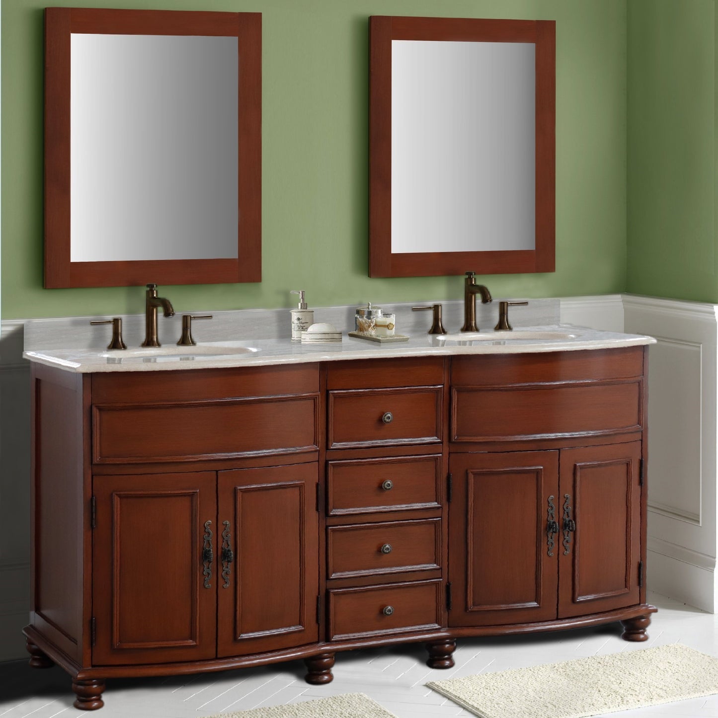 62" Double sink vanity Walnut finish in Travertine top