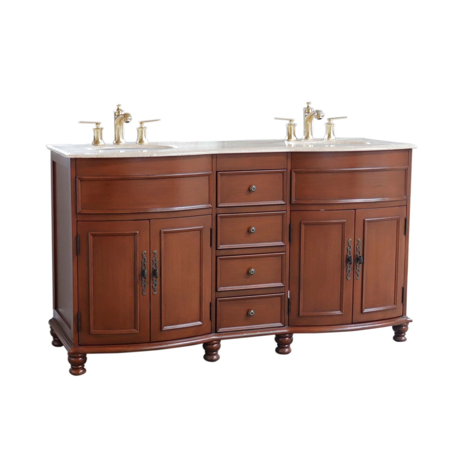 62" Double sink vanity Walnut finish in Travertine top