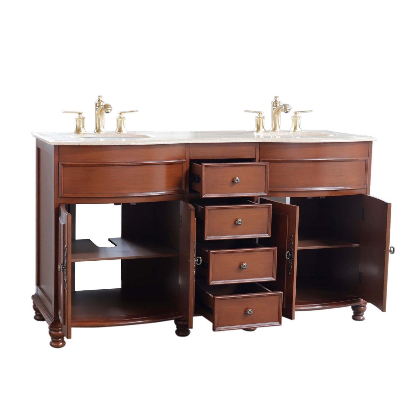 62" Double sink vanity Walnut finish in Travertine top