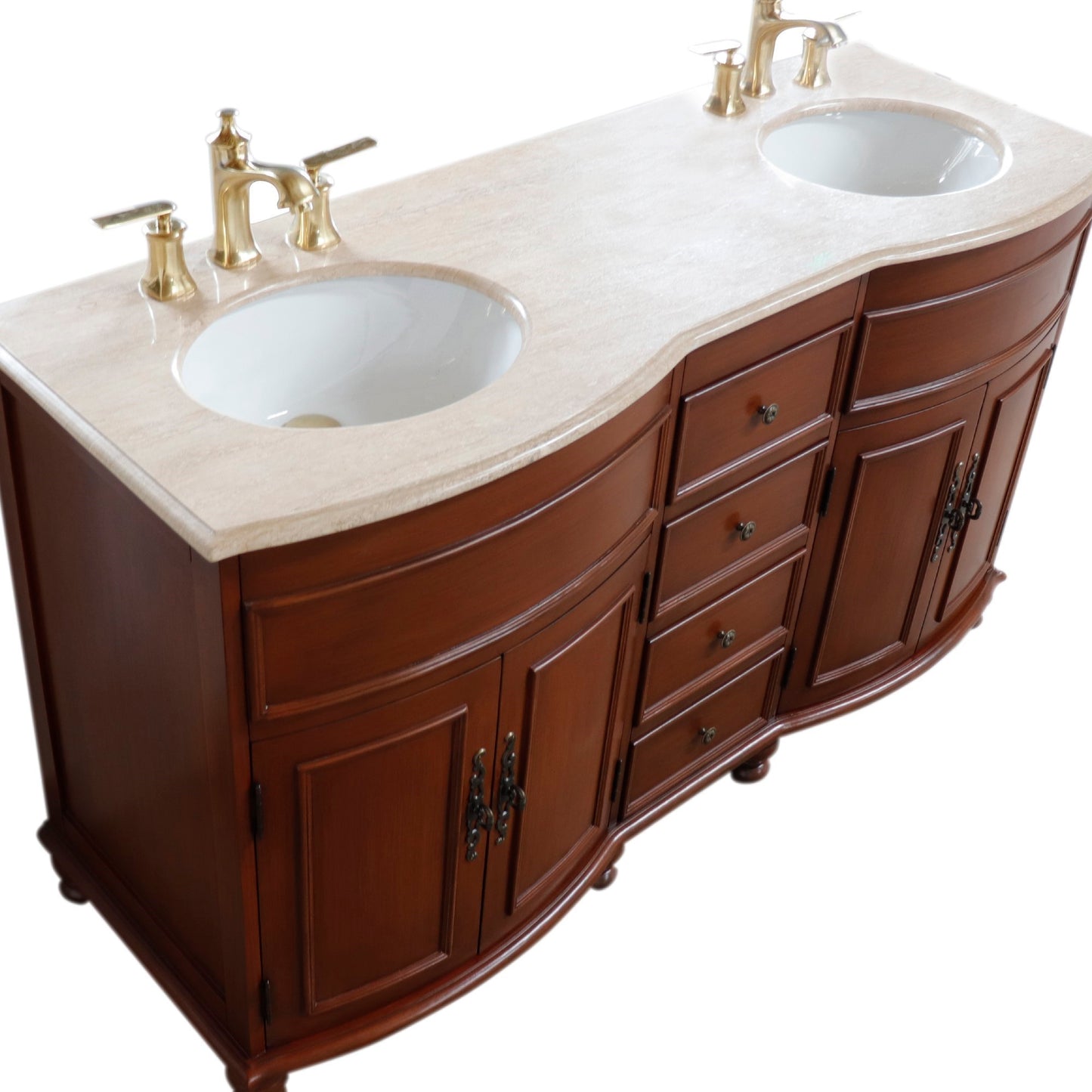 62" Double sink vanity Walnut finish in Travertine top