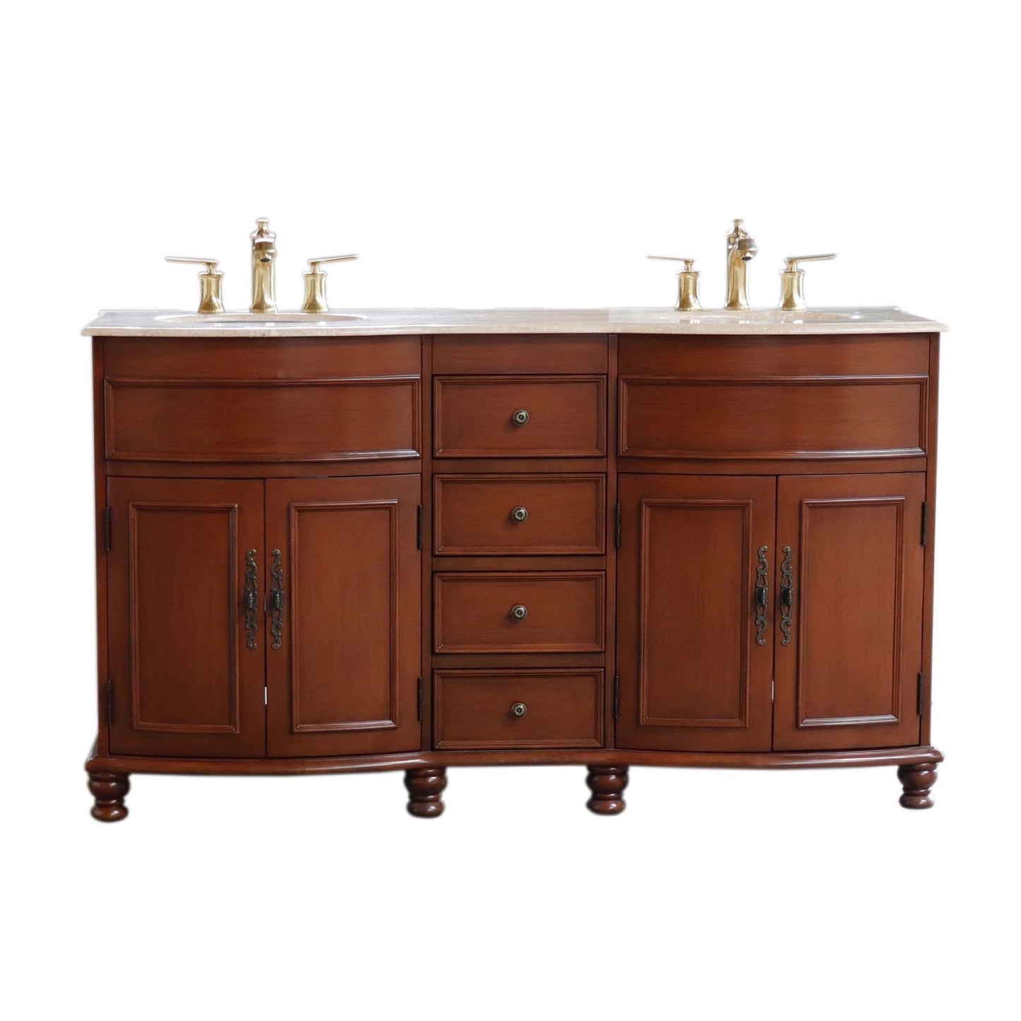 62" Double sink vanity Walnut finish in Travertine top