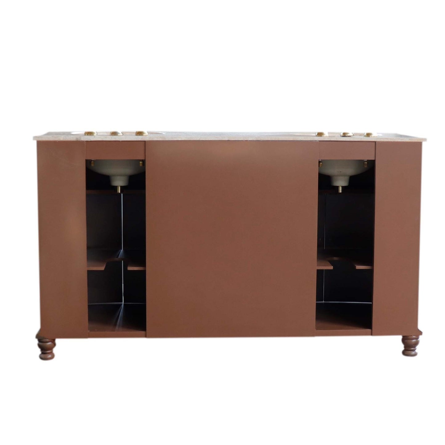 62" Double sink vanity Walnut finish in Travertine top