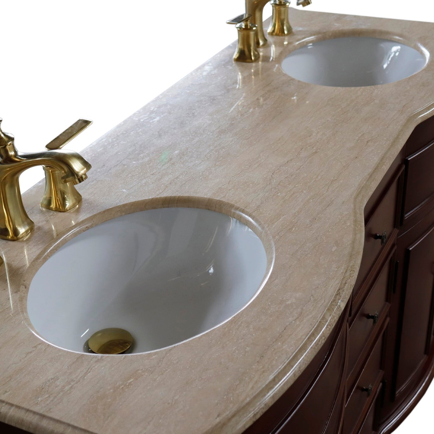 62" Double sink vanity Walnut finish in Travertine top