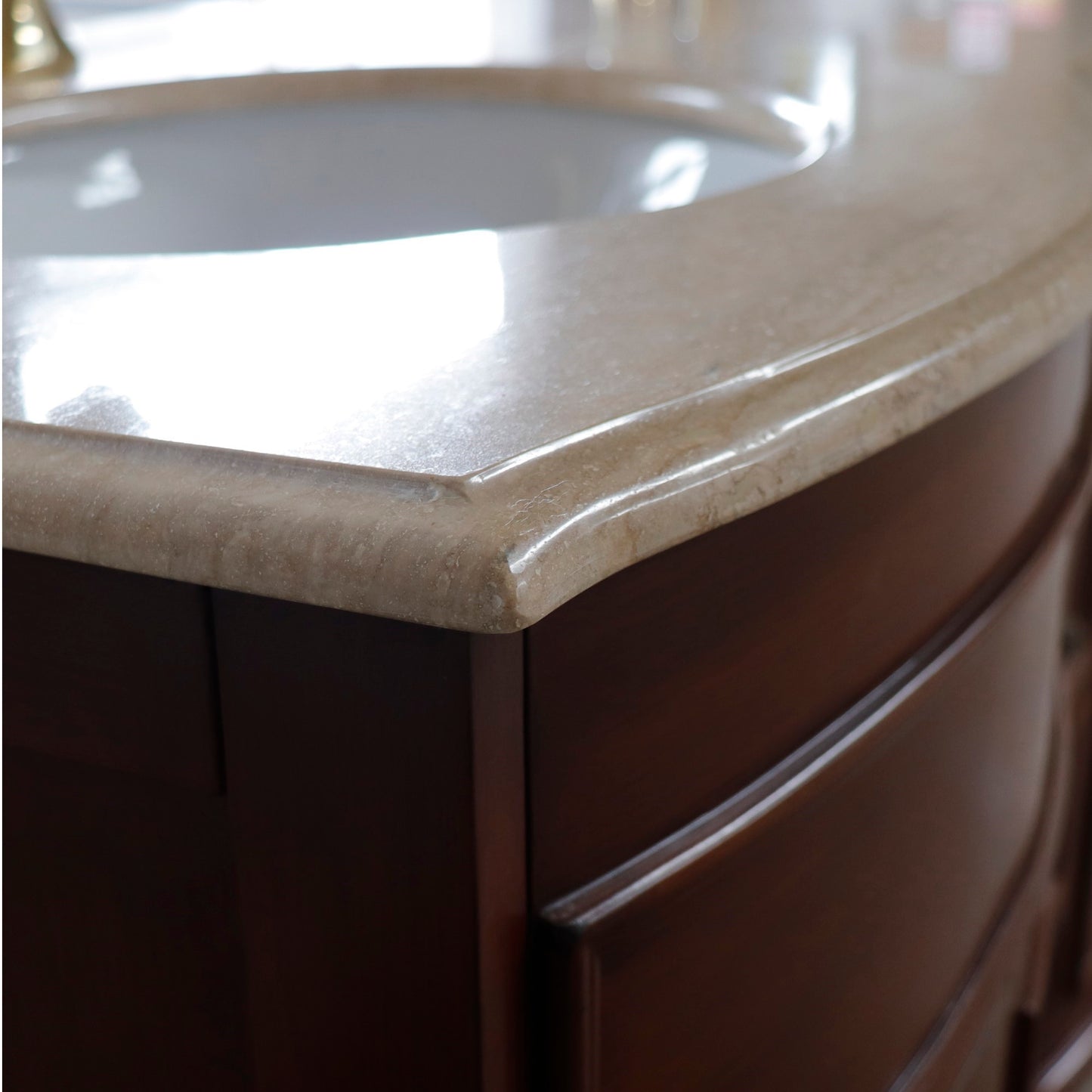 62" Double sink vanity Walnut finish in Travertine top
