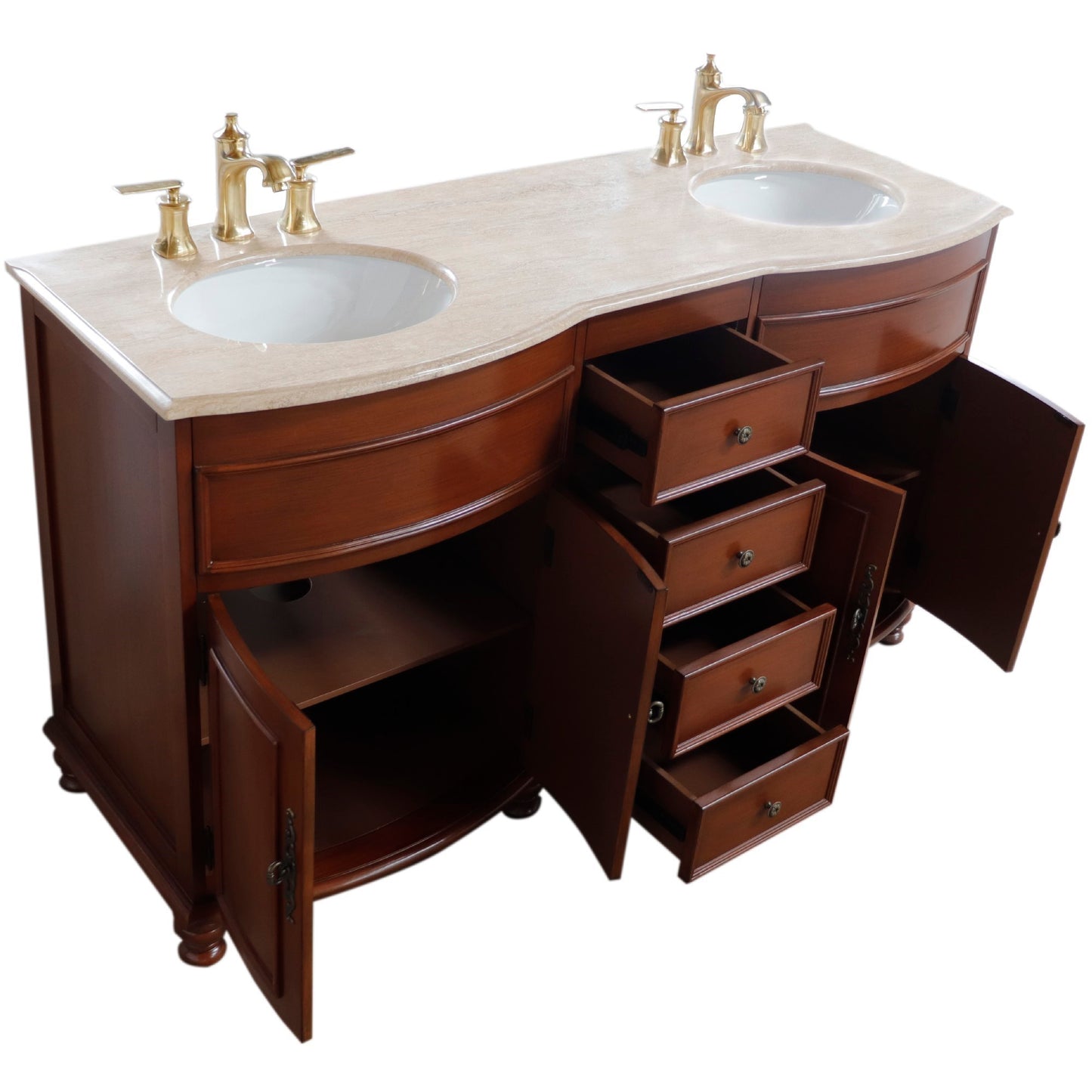 62" Double sink vanity Walnut finish in Travertine top
