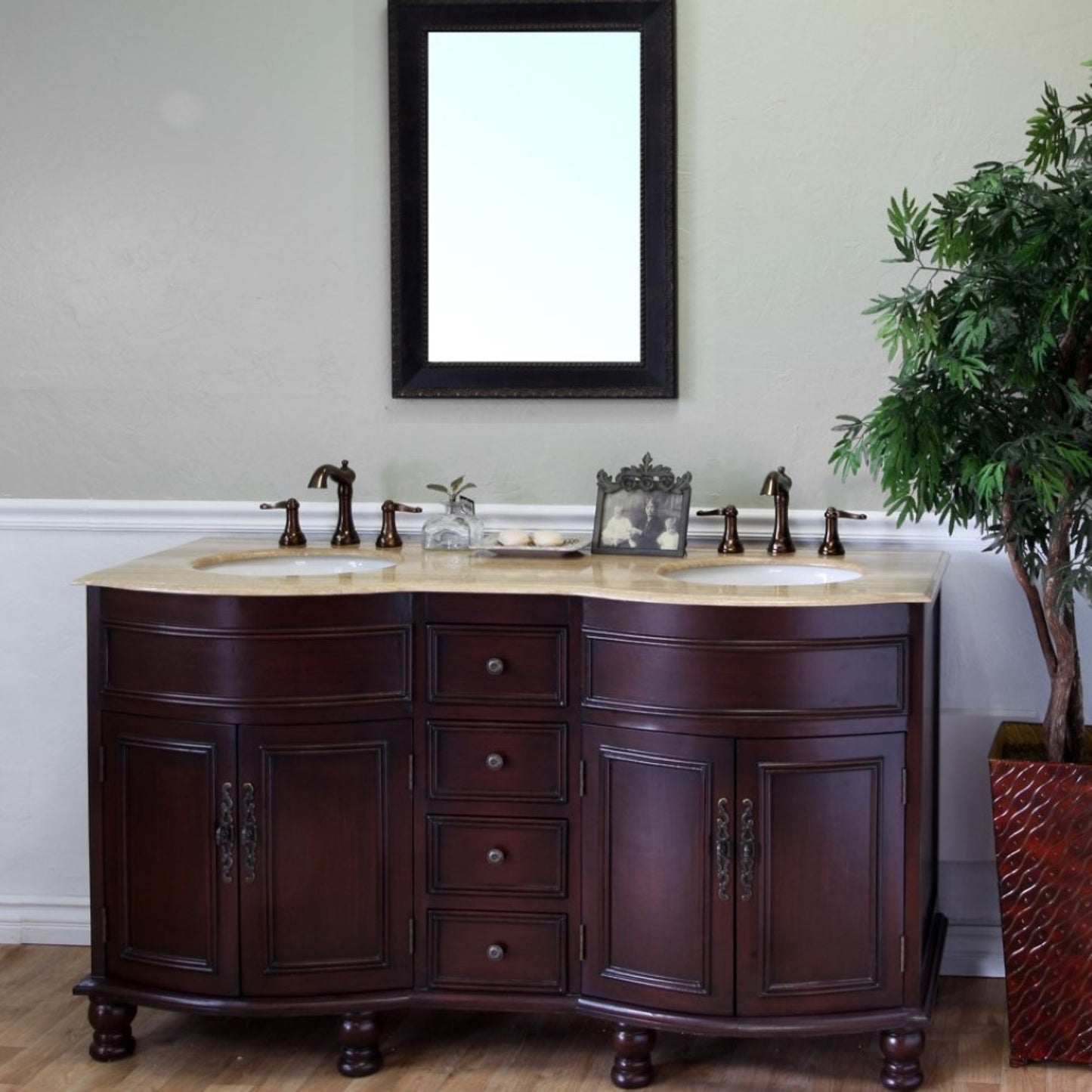 62" Double sink vanity wood walnut travertine