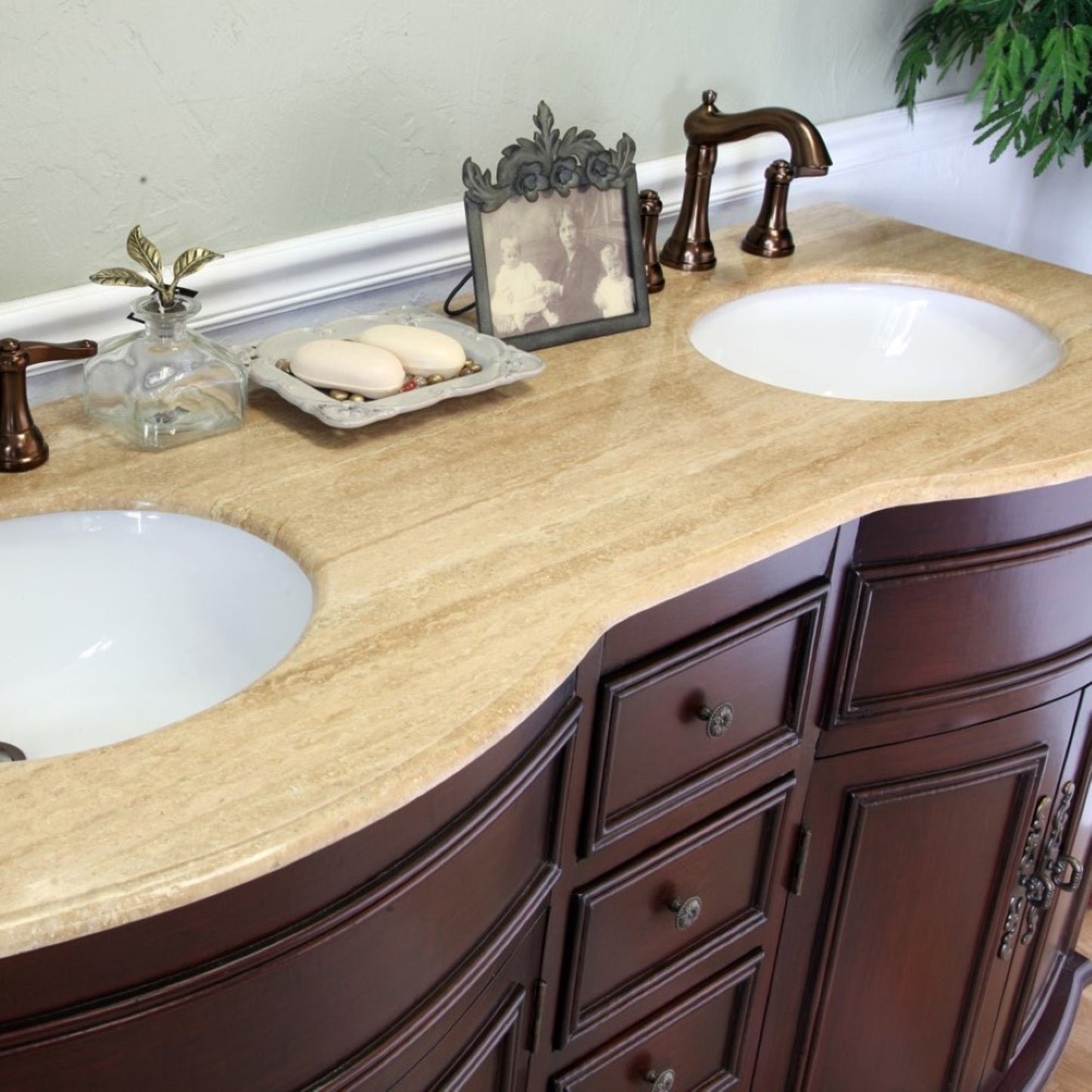 62" Double sink vanity wood walnut travertine