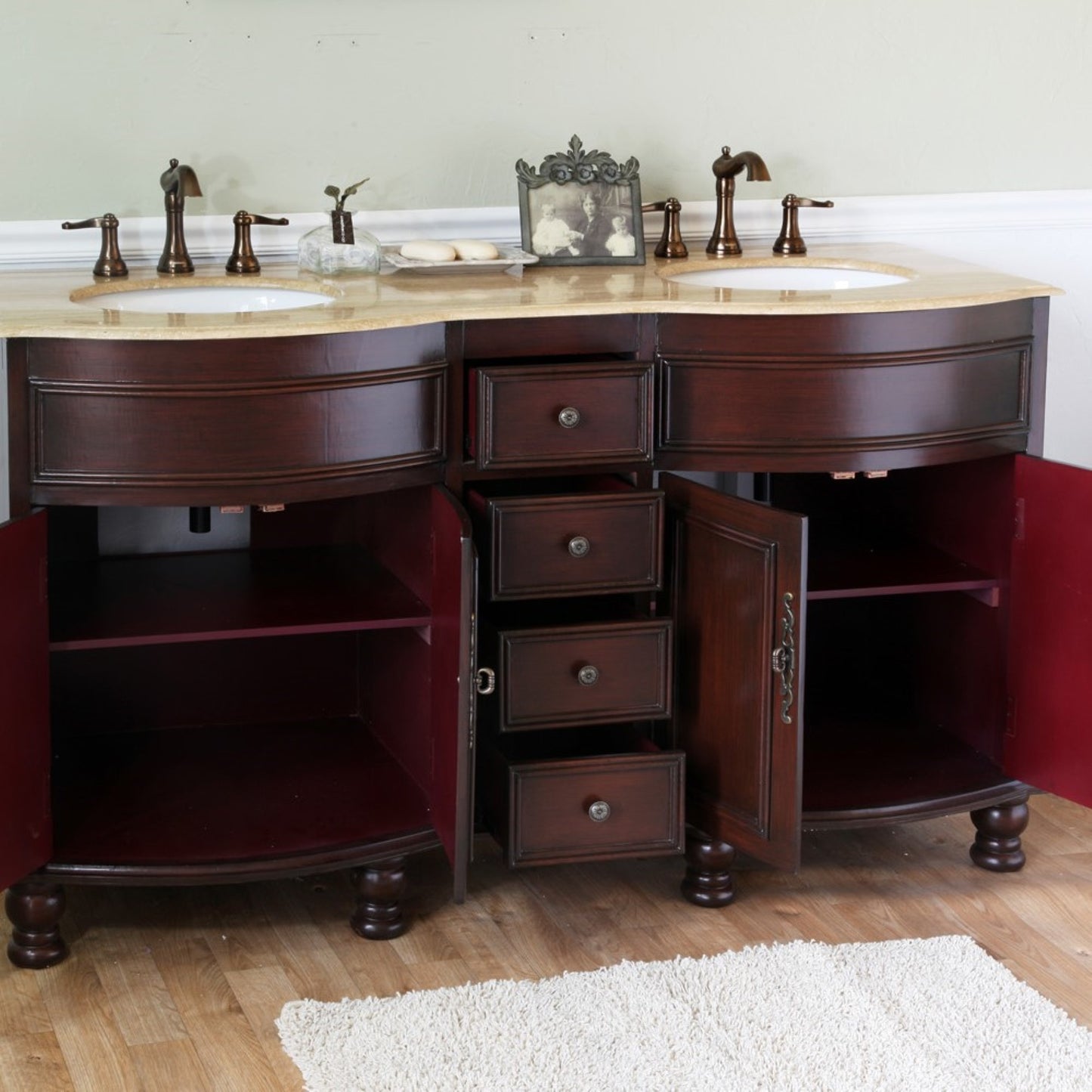 62" Double sink vanity wood walnut travertine