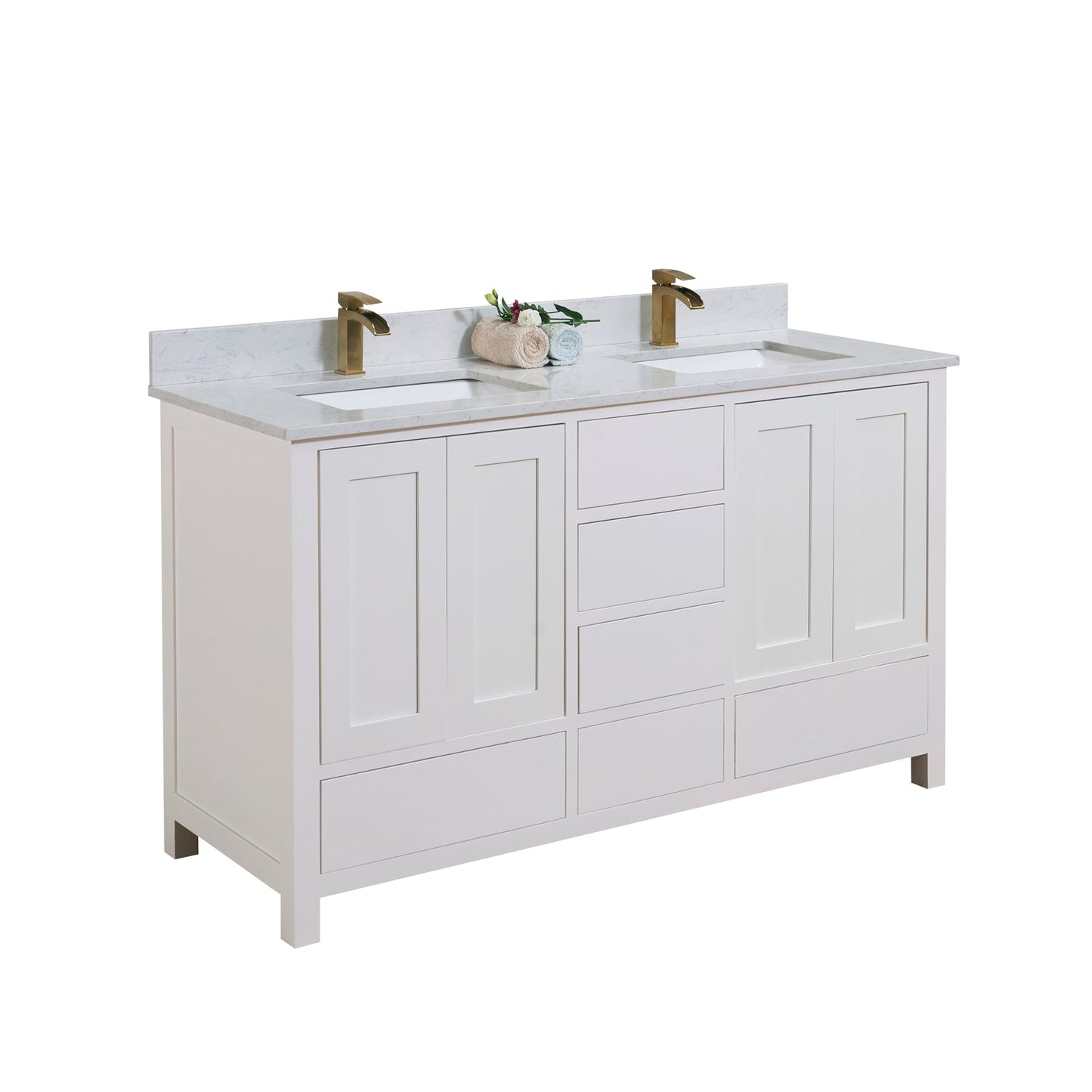 60" Composite Stone Vanity Top in Aosta White with White Sink