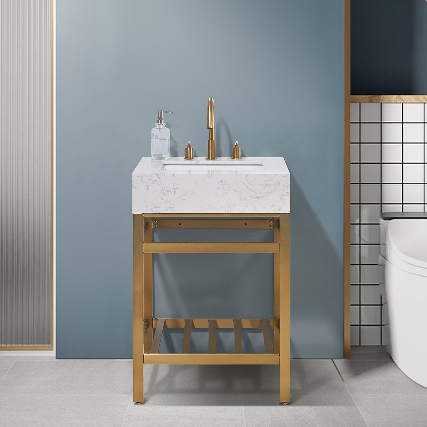 Merano 24" Single Stainless Steel Vanity Console in Brushed Gold with Aosta White Stone Countertop without Mirror