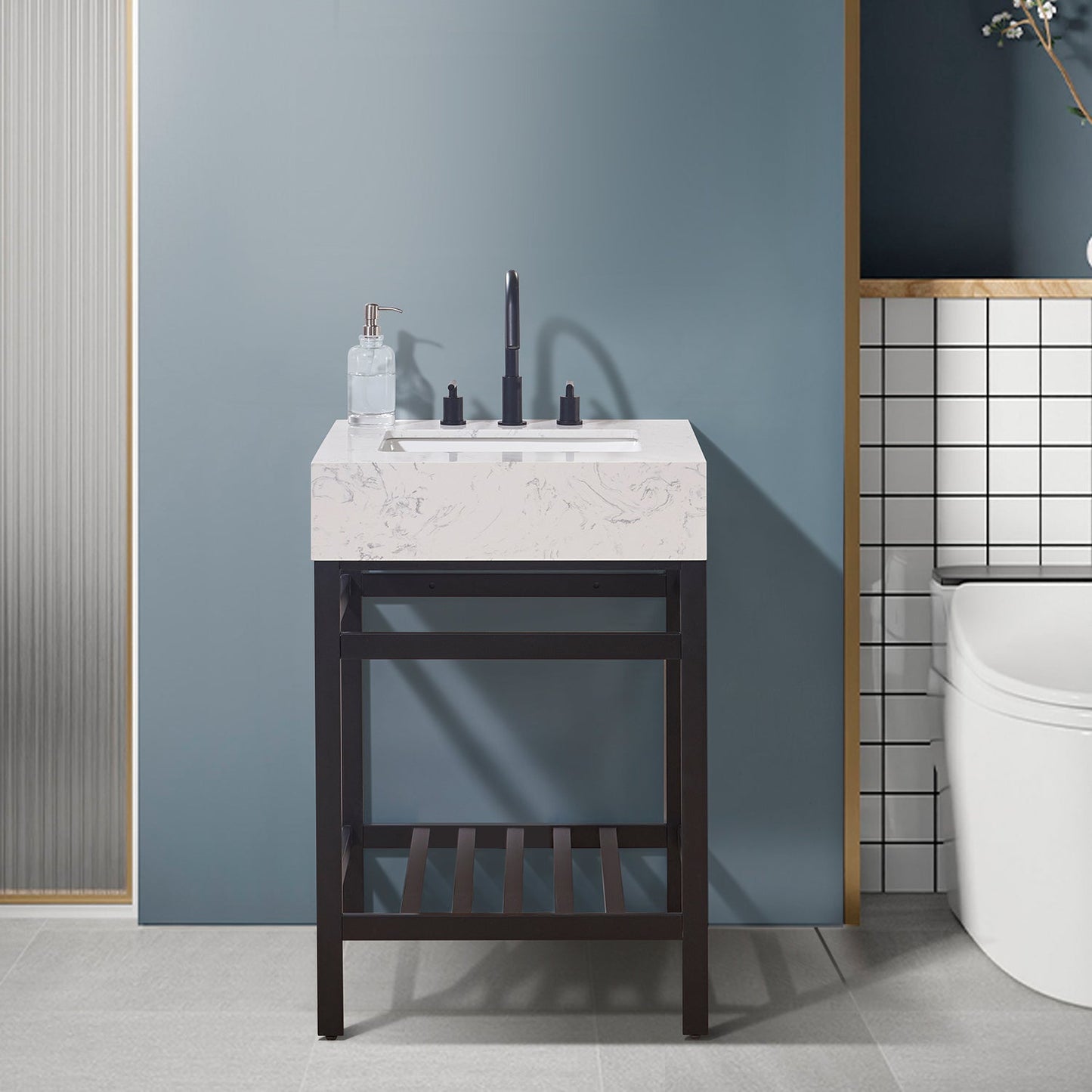 Merano 24" Single Stainless Steel Vanity Console in Matt Black with Aosta White Stone Countertop without Mirror