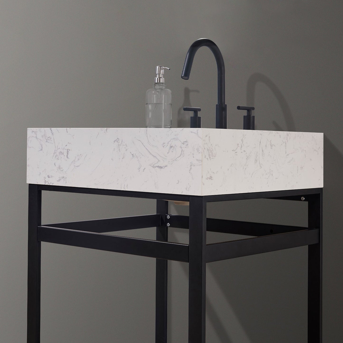 Merano 24" Single Stainless Steel Vanity Console in Matt Black with Aosta White Stone Countertop without Mirror