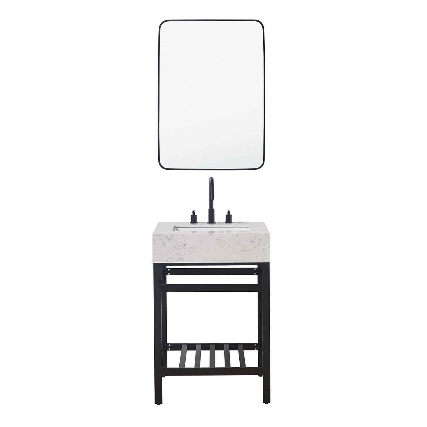 Merano 24" Single Stainless Steel Vanity Console in Matt Black with Aosta White Stone Countertop and Mirror