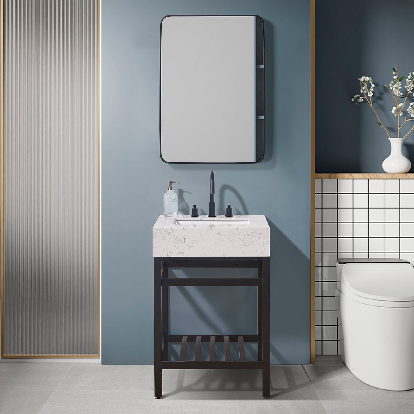 Merano 24" Single Stainless Steel Vanity Console in Matt Black with Aosta White Stone Countertop and Mirror