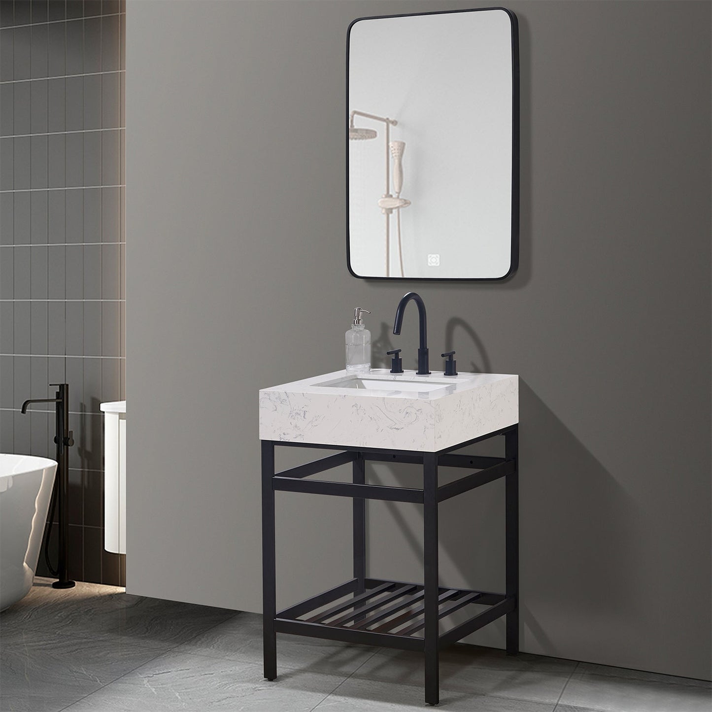 Merano 24" Single Stainless Steel Vanity Console in Matt Black with Aosta White Stone Countertop and Mirror