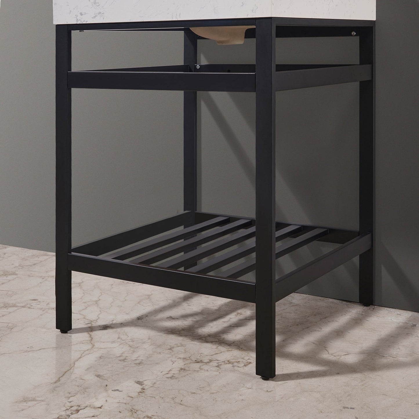 Merano 24" Single Stainless Steel Vanity Console in Matt Black with Aosta White Stone Countertop and Mirror