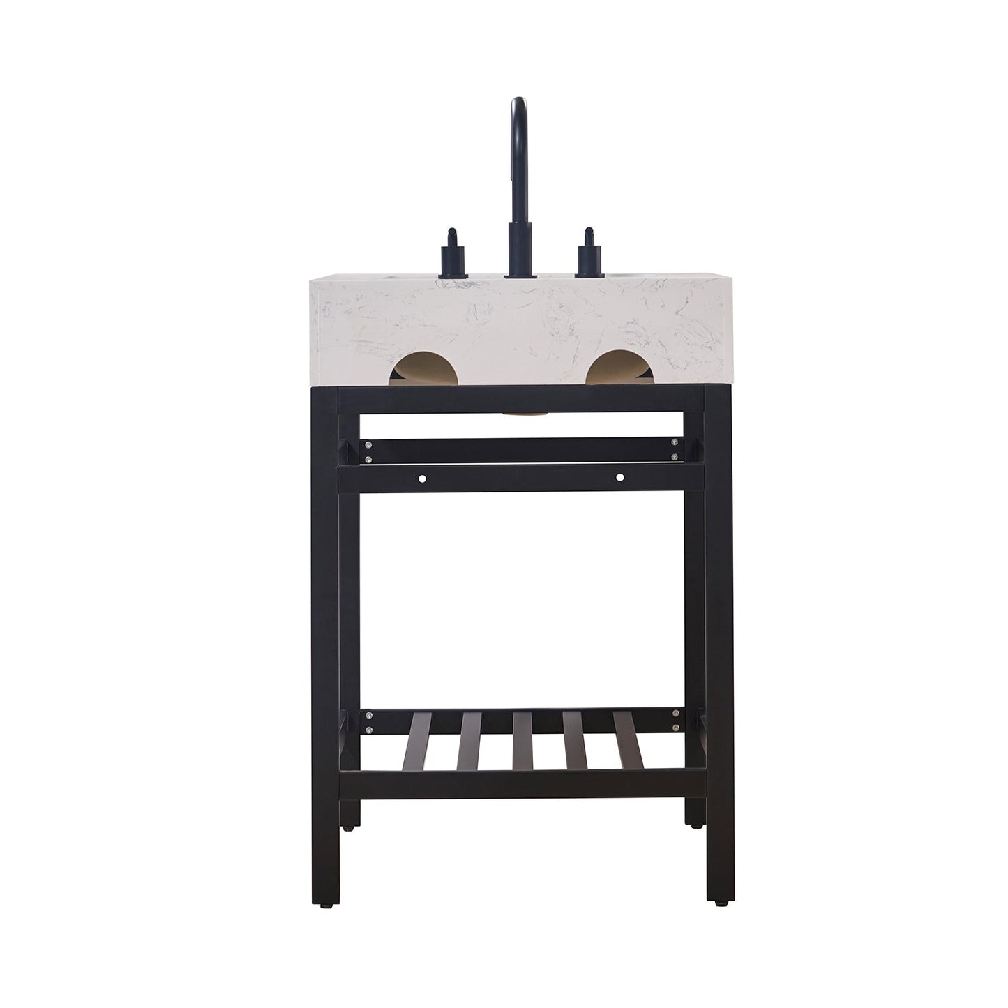 Merano 24" Single Stainless Steel Vanity Console in Matt Black with Aosta White Stone Countertop and Mirror