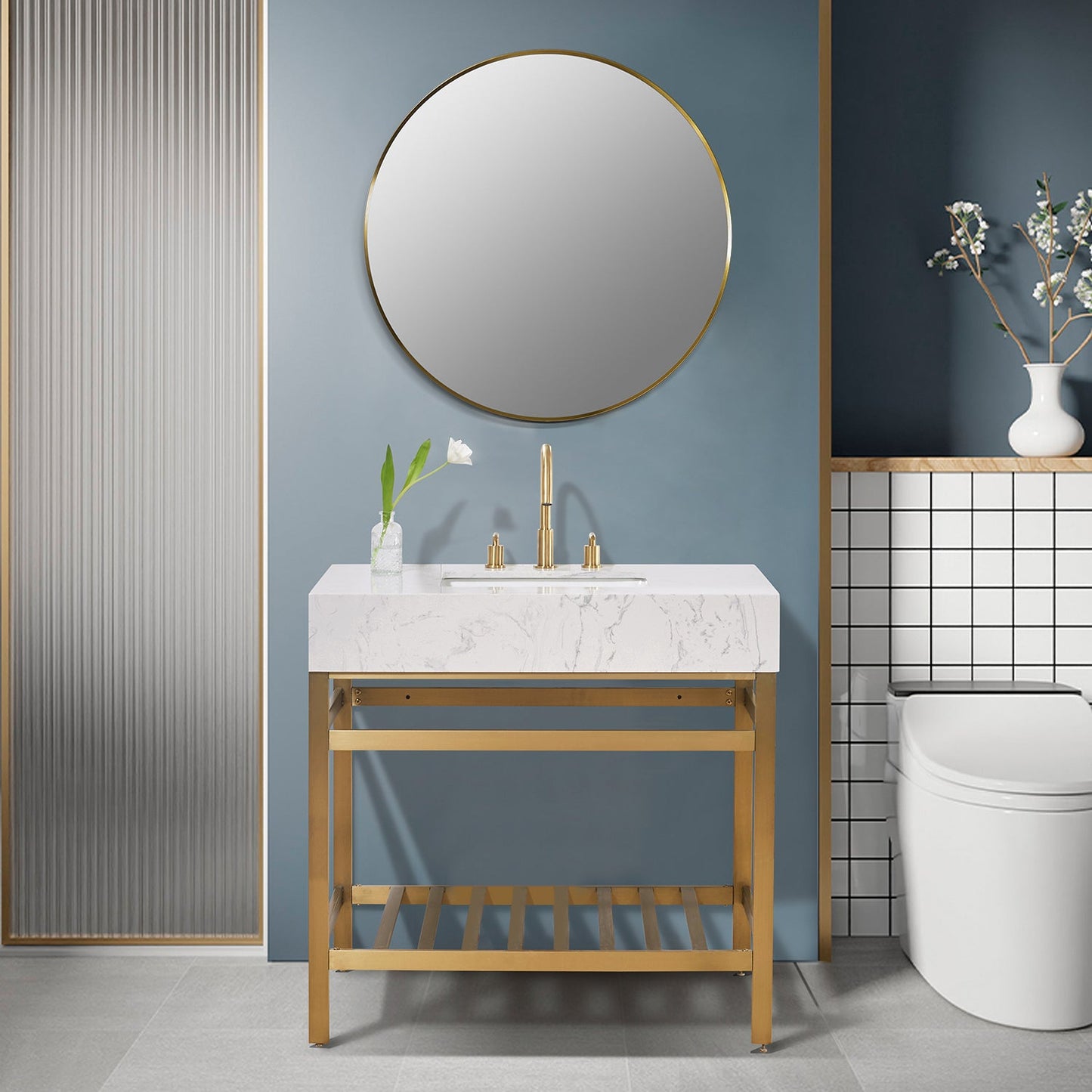 Merano 36" Single Stainless Steel Vanity Console in Brushed Gold with Aosta White Stone Countertop and Mirror