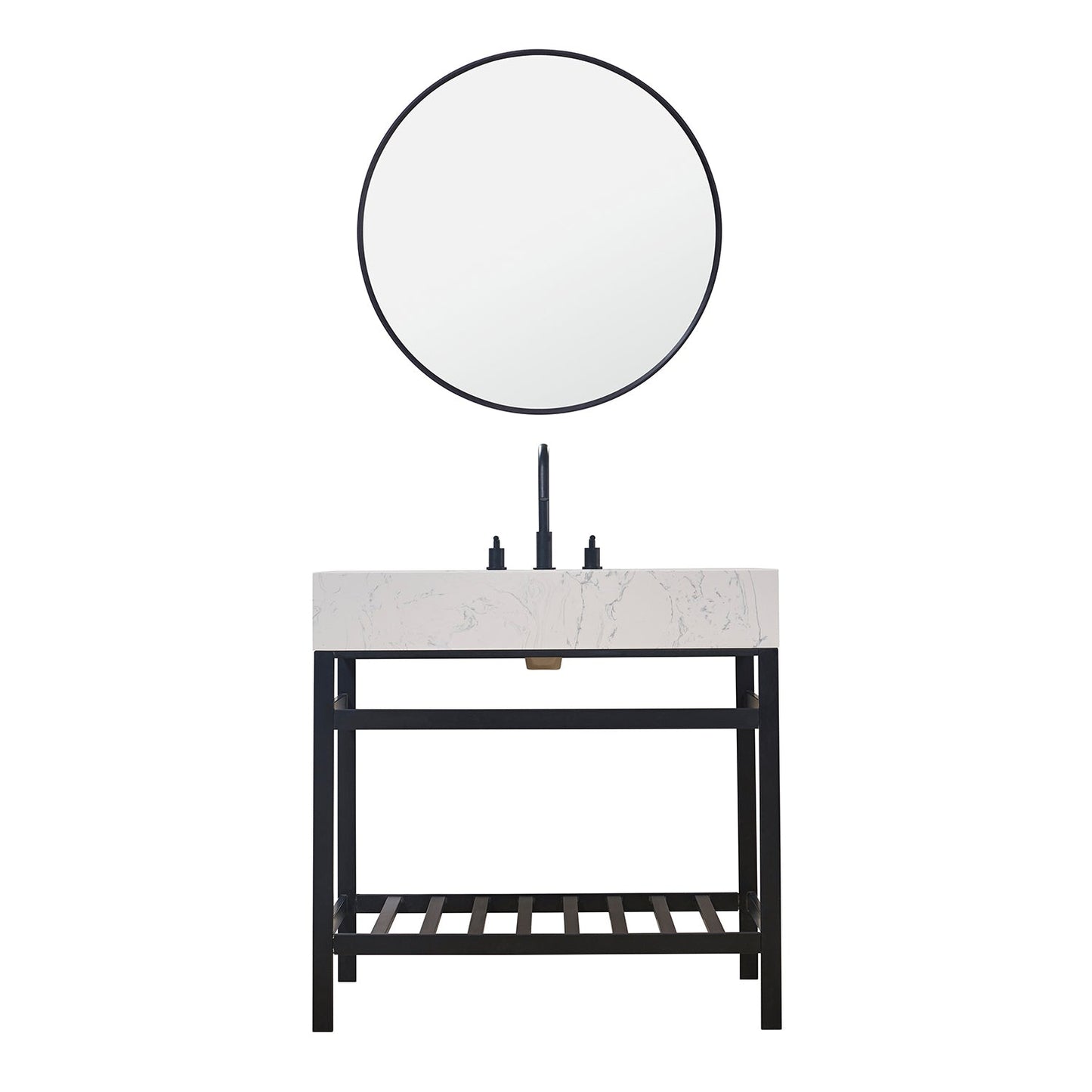 Merano 36" Single Stainless Steel Vanity Console in Matt Black with Aosta White Stone Countertop and Mirror