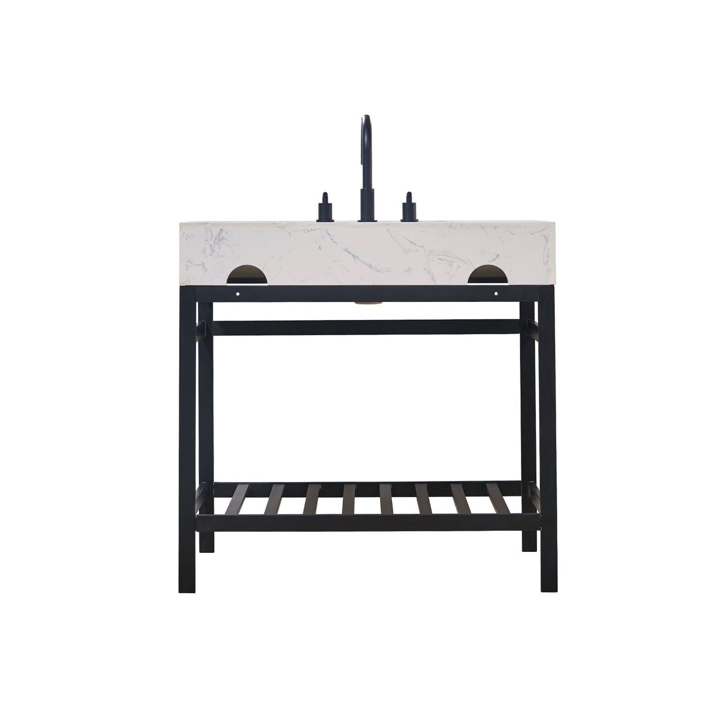 Merano 36" Single Stainless Steel Vanity Console in Matt Black with Aosta White Stone Countertop and Mirror