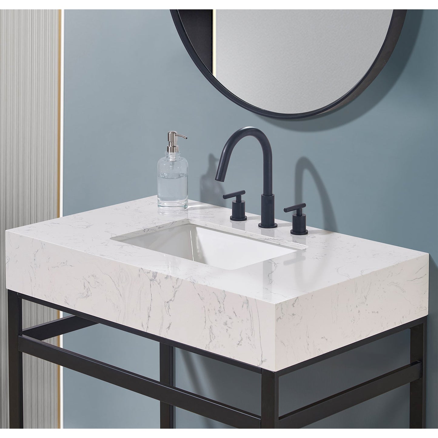 36" Composite Stone Vanity Top in Aosta White Apron with White Sink