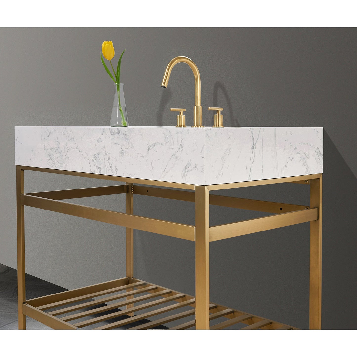 Merano 42" Single Stainless Steel Vanity Console in Brushed Gold with Aosta White Stone Countertop and Mirror