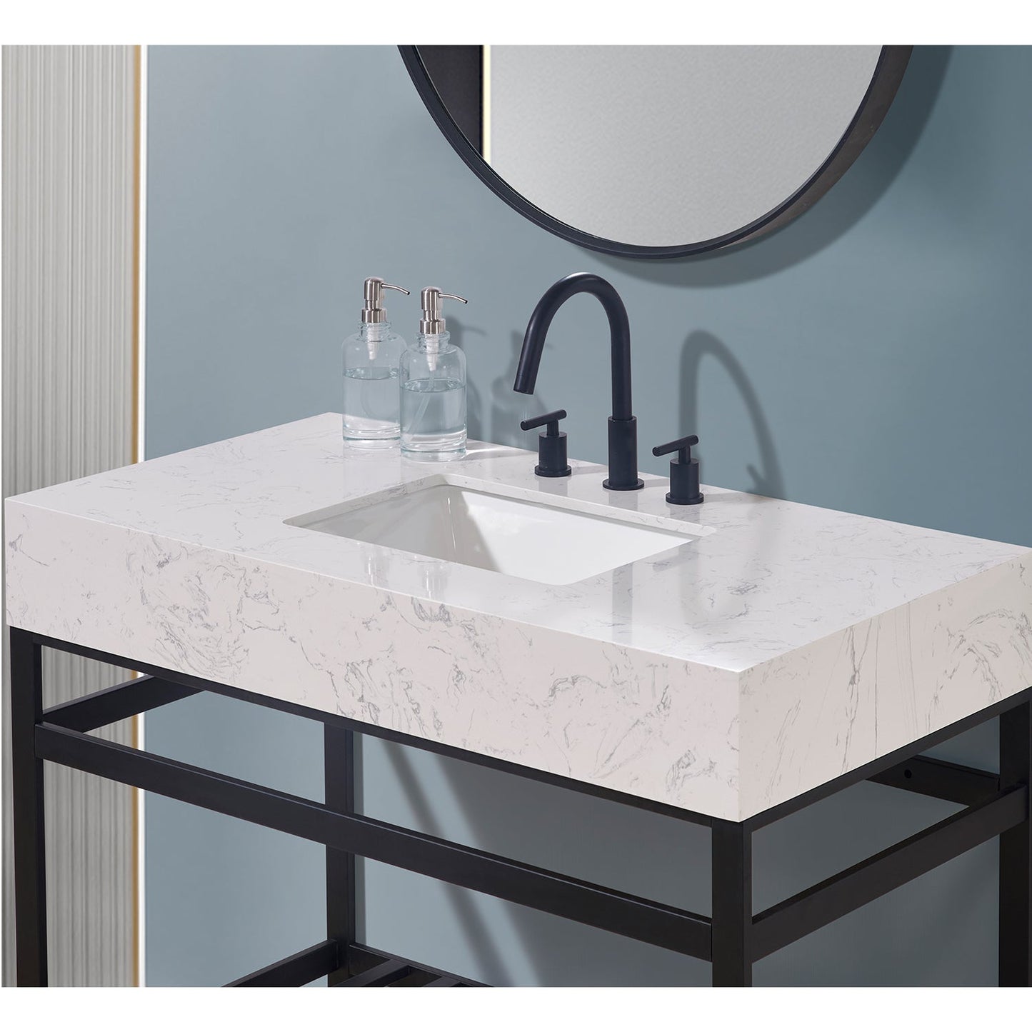 42" Composite Stone Vanity Top in Aosta White Apron with White Sink