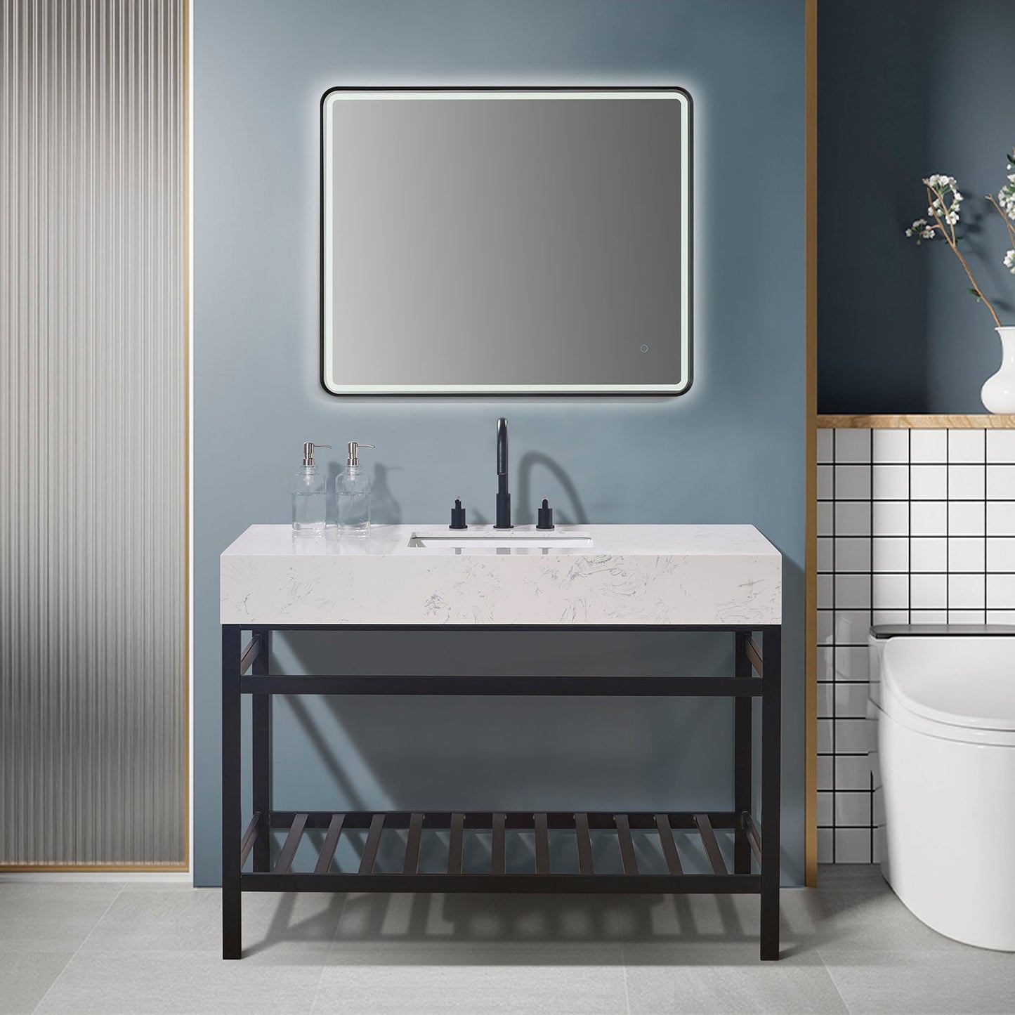 Merano 48" Single Stainless Steel Vanity Console in Matt Black with Aosta White Stone Countertop and Mirror