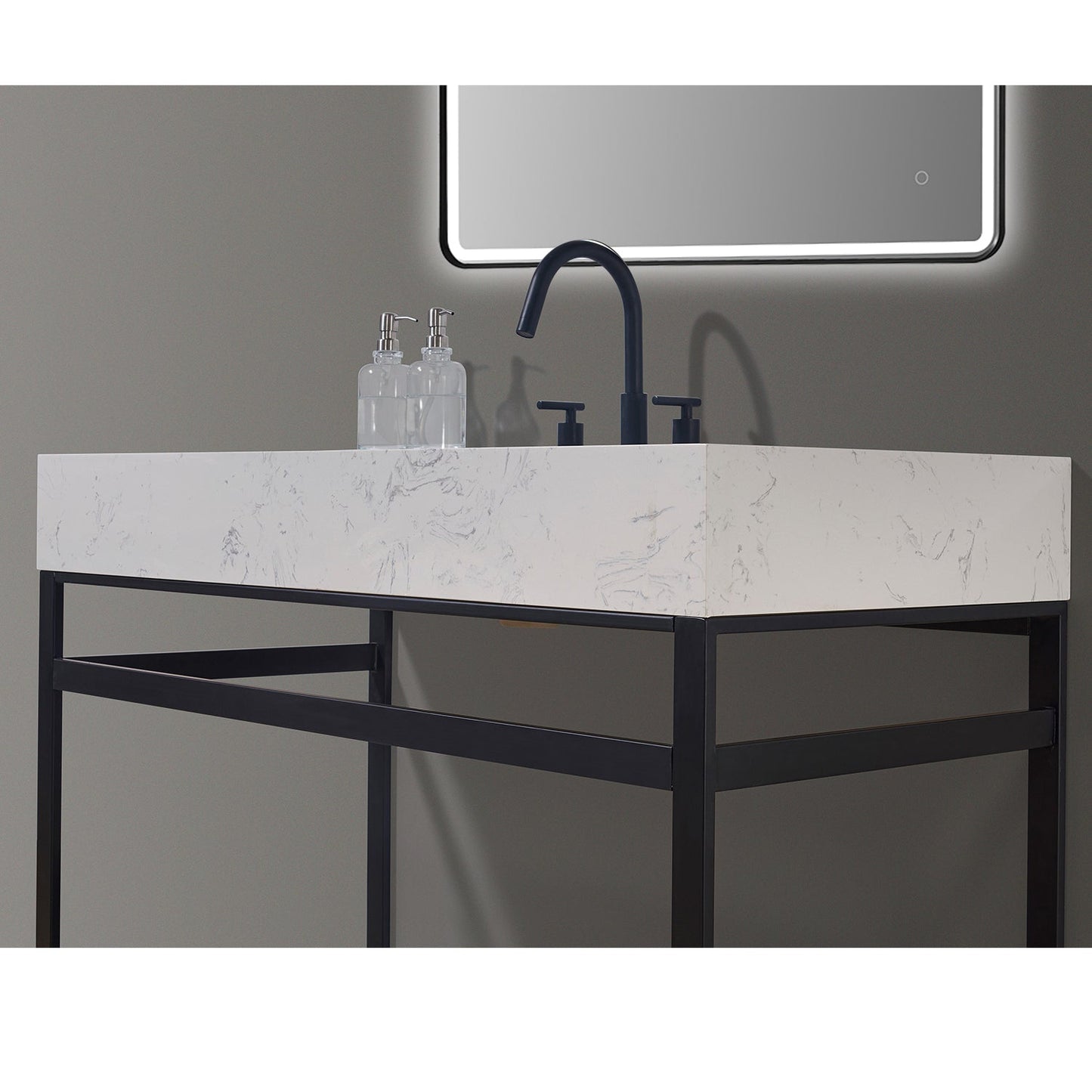 Merano 48" Single Stainless Steel Vanity Console in Matt Black with Aosta White Stone Countertop and Mirror