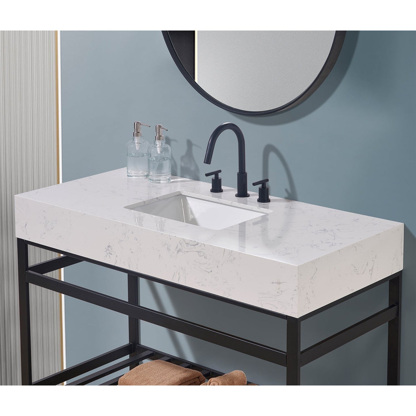 48" Composite Stone Vanity Top in Aosta White Apron with White Sink