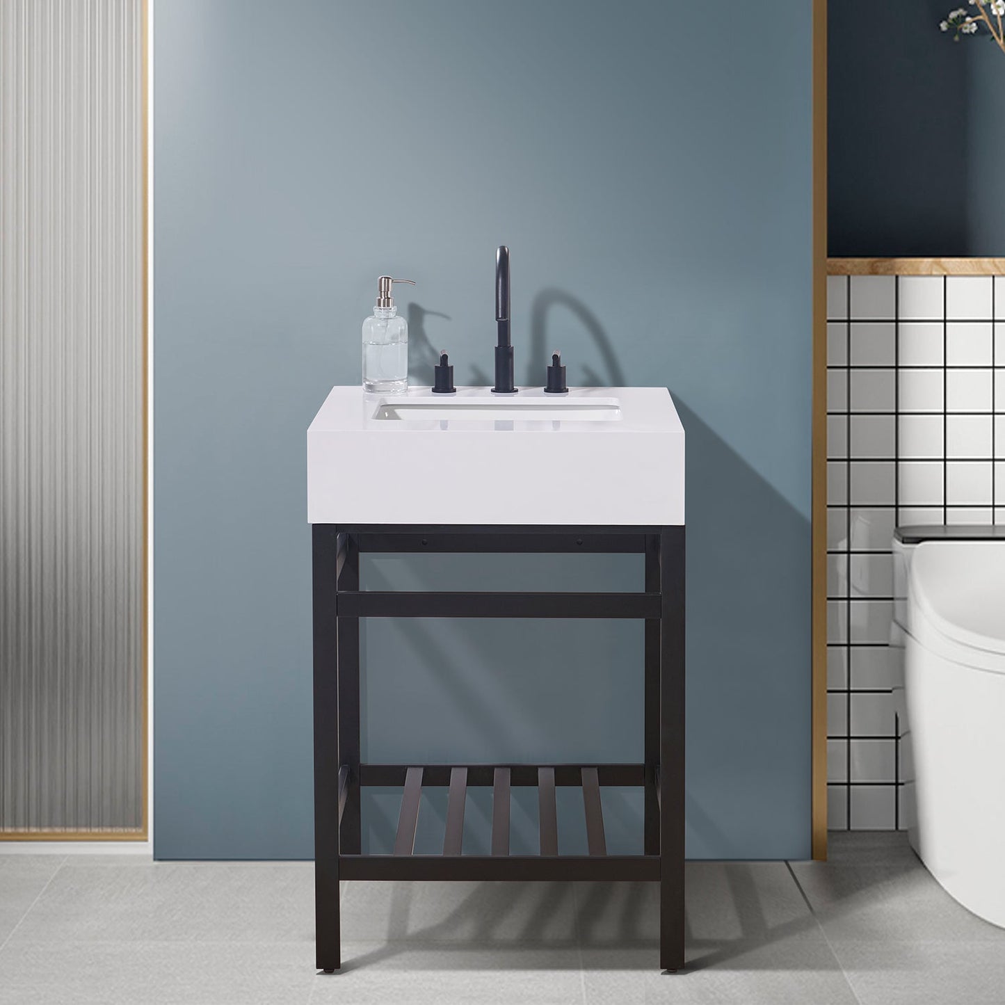 Edolo 24" Single Stainless Steel Vanity Console in Matt Black with Snow White Stone Countertop without Mirror
