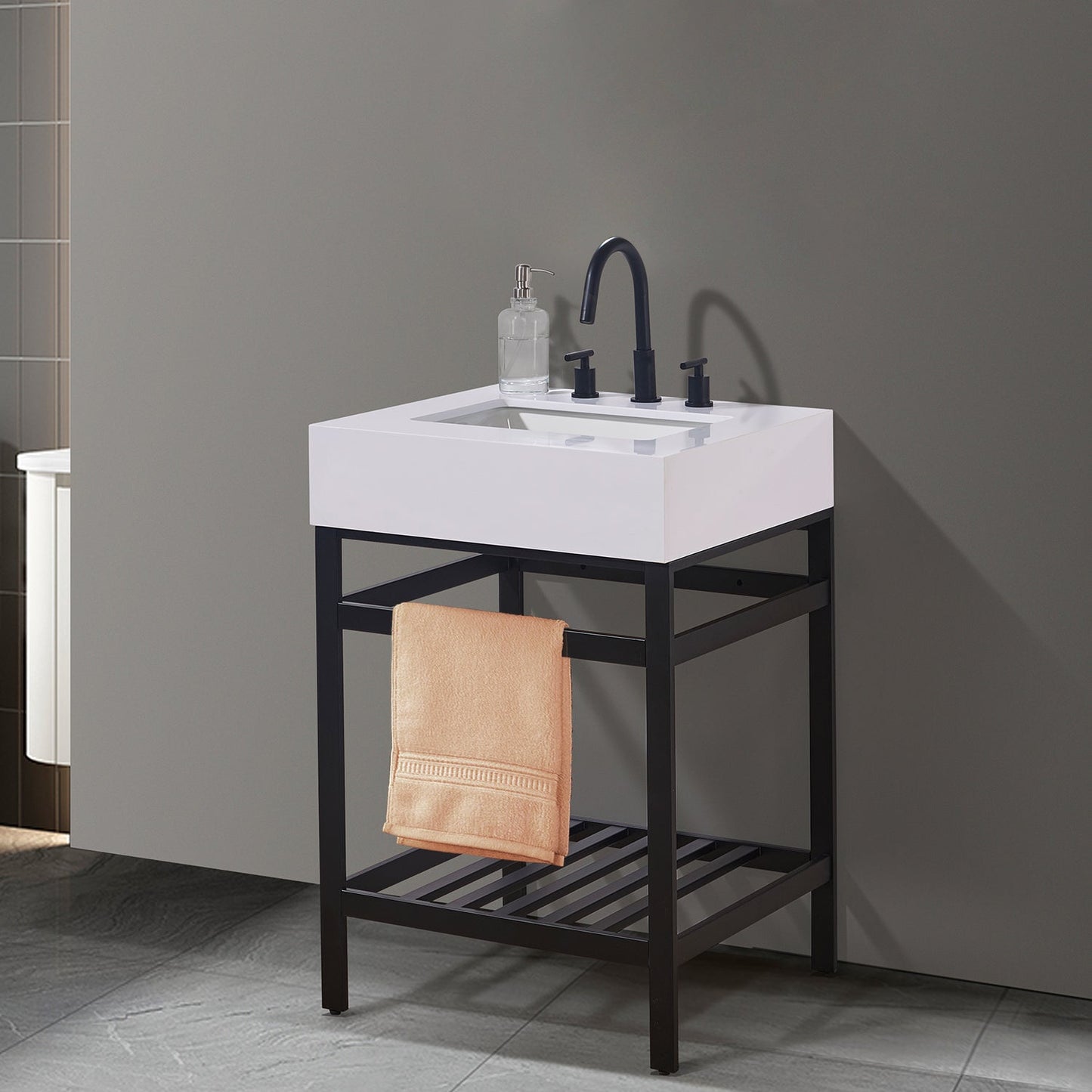 Edolo 24" Single Stainless Steel Vanity Console in Matt Black with Snow White Stone Countertop without Mirror