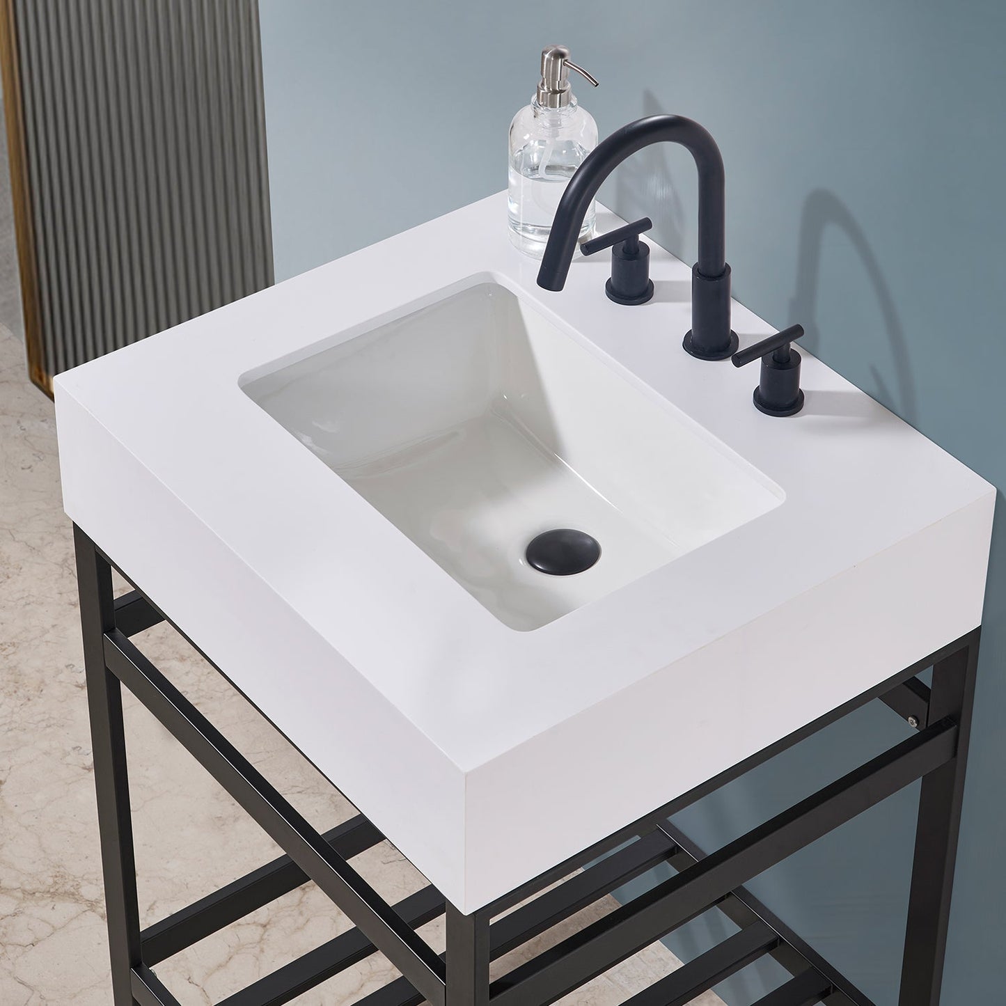 Edolo 24" Single Stainless Steel Vanity Console in Matt Black with Snow White Stone Countertop without Mirror