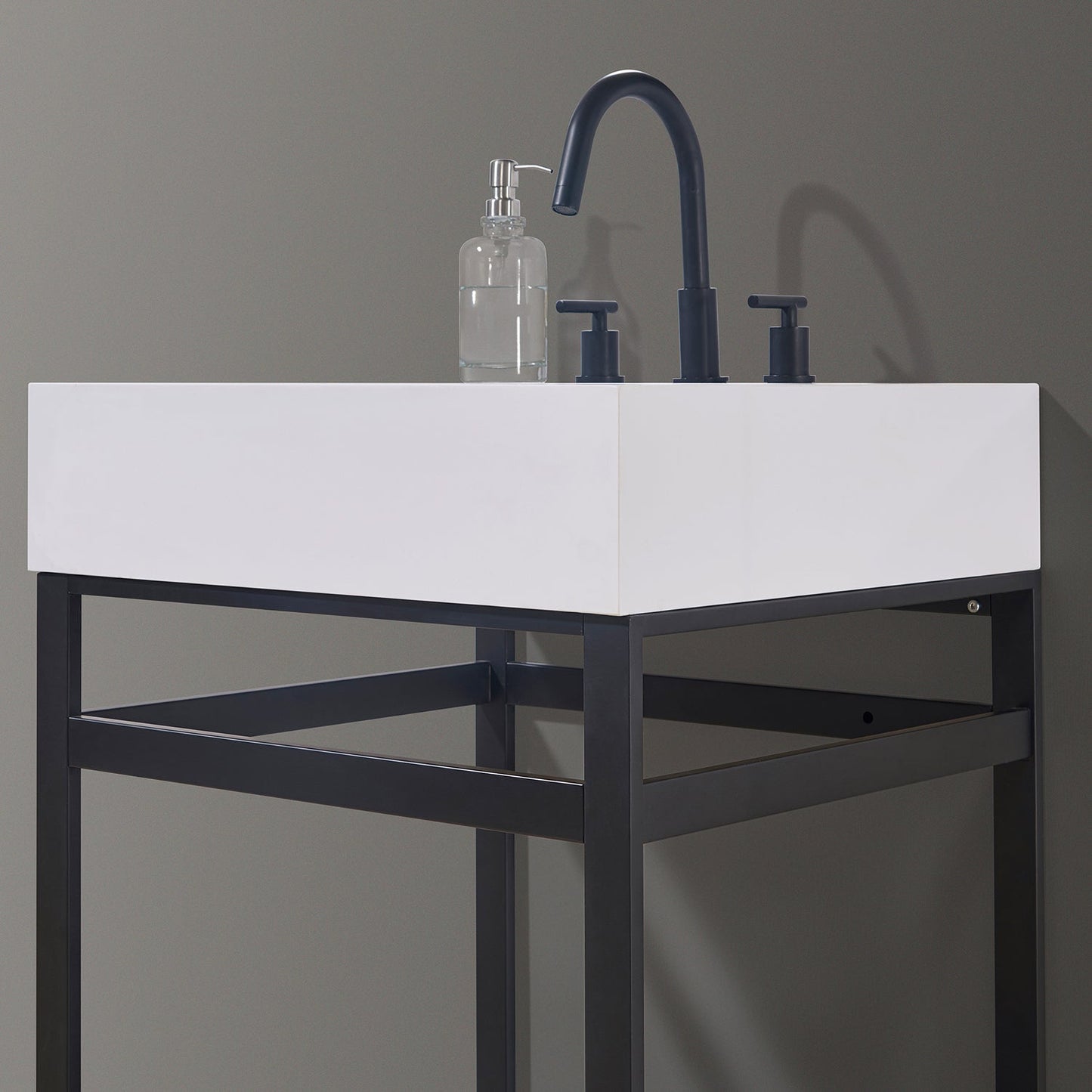 Edolo 24" Single Stainless Steel Vanity Console in Matt Black with Snow White Stone Countertop without Mirror