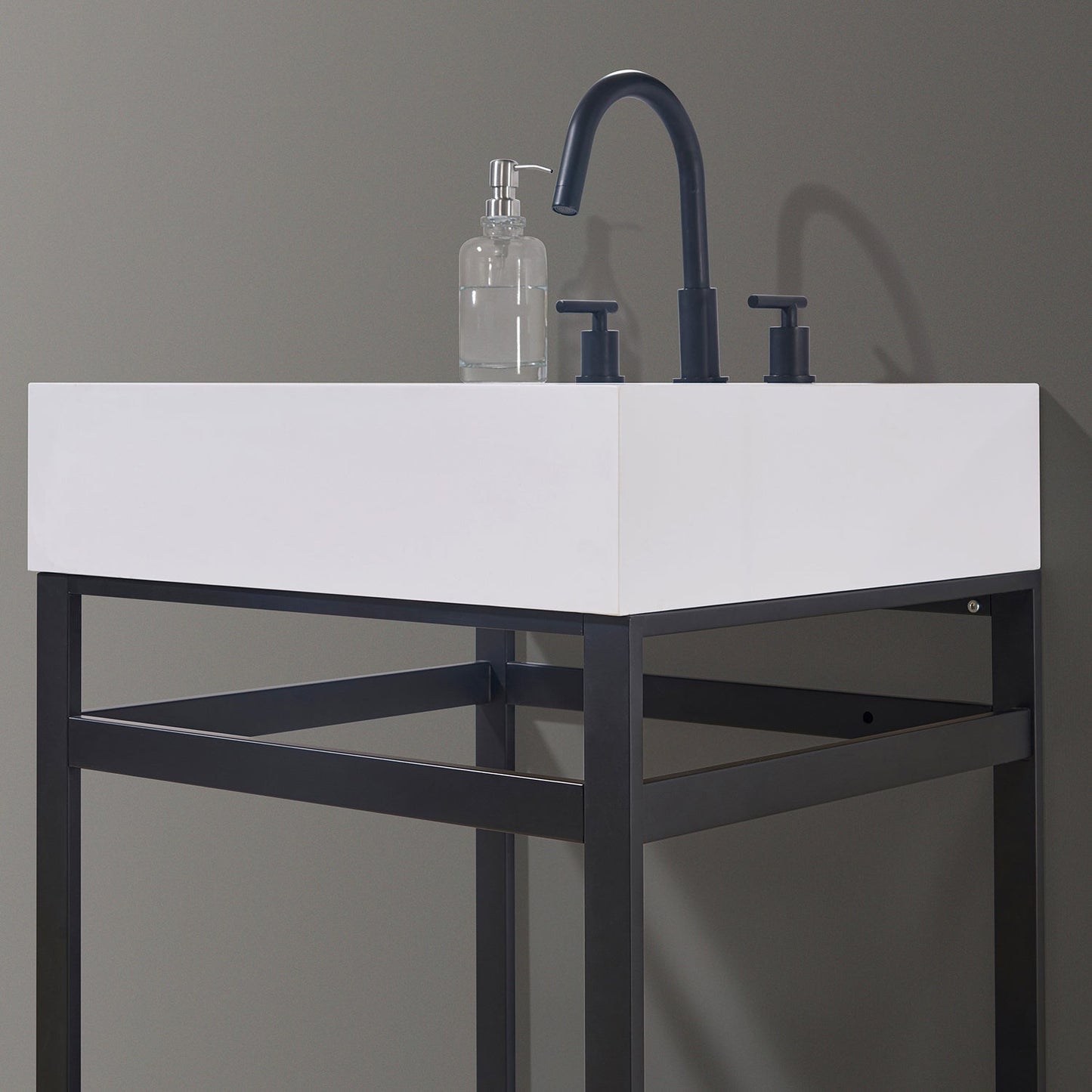 Edolo 24" Single Stainless Steel Vanity Console in Matt Black with Snow White Stone Countertop and Mirror