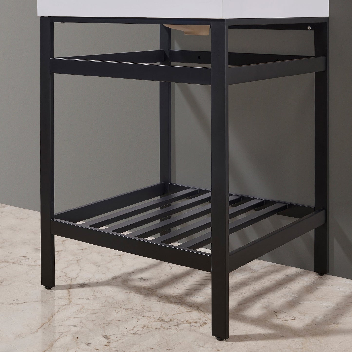 Edolo 24" Single Stainless Steel Vanity Console in Matt Black with Snow White Stone Countertop and Mirror