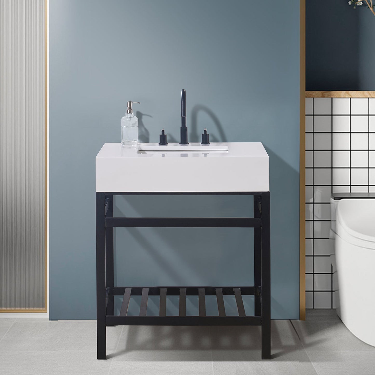 Edolo 30" Single Stainless Steel Vanity Console in Matt Black with Snow White Stone Countertop without Mirror