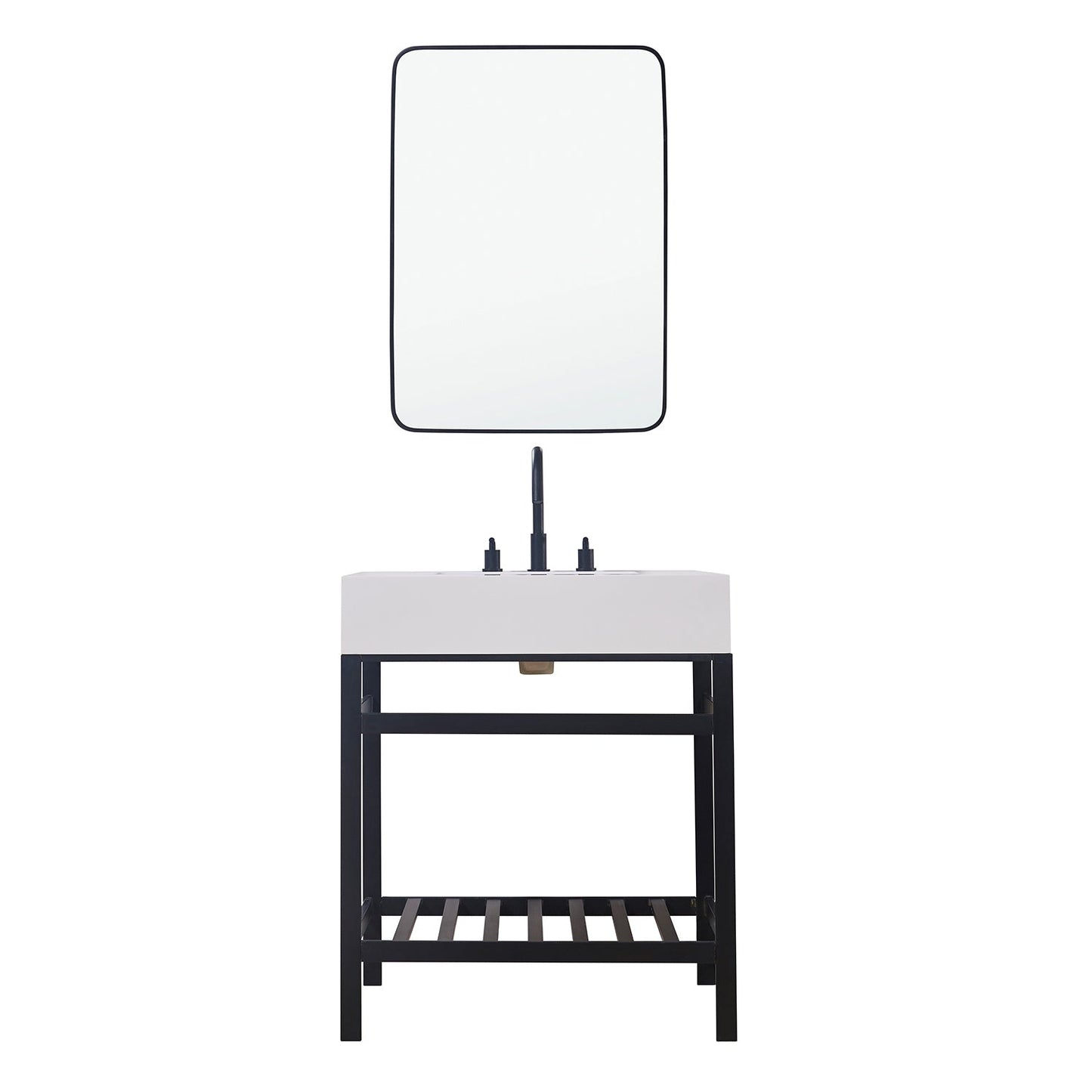 Edolo 30" Single Stainless Steel Vanity Console in Matt Black with Snow White Stone Countertop and Mirror