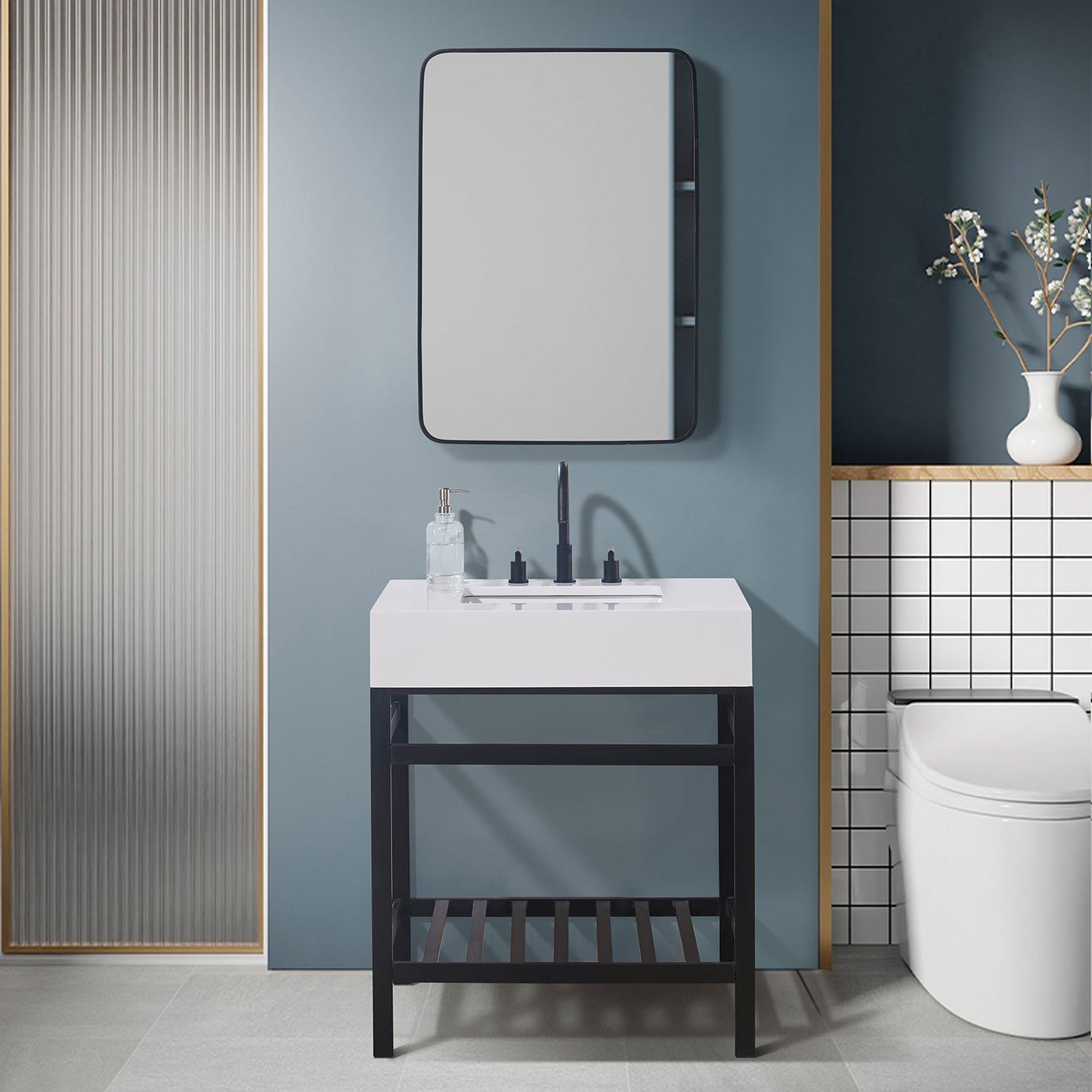 Edolo 30" Single Stainless Steel Vanity Console in Matt Black with Snow White Stone Countertop and Mirror