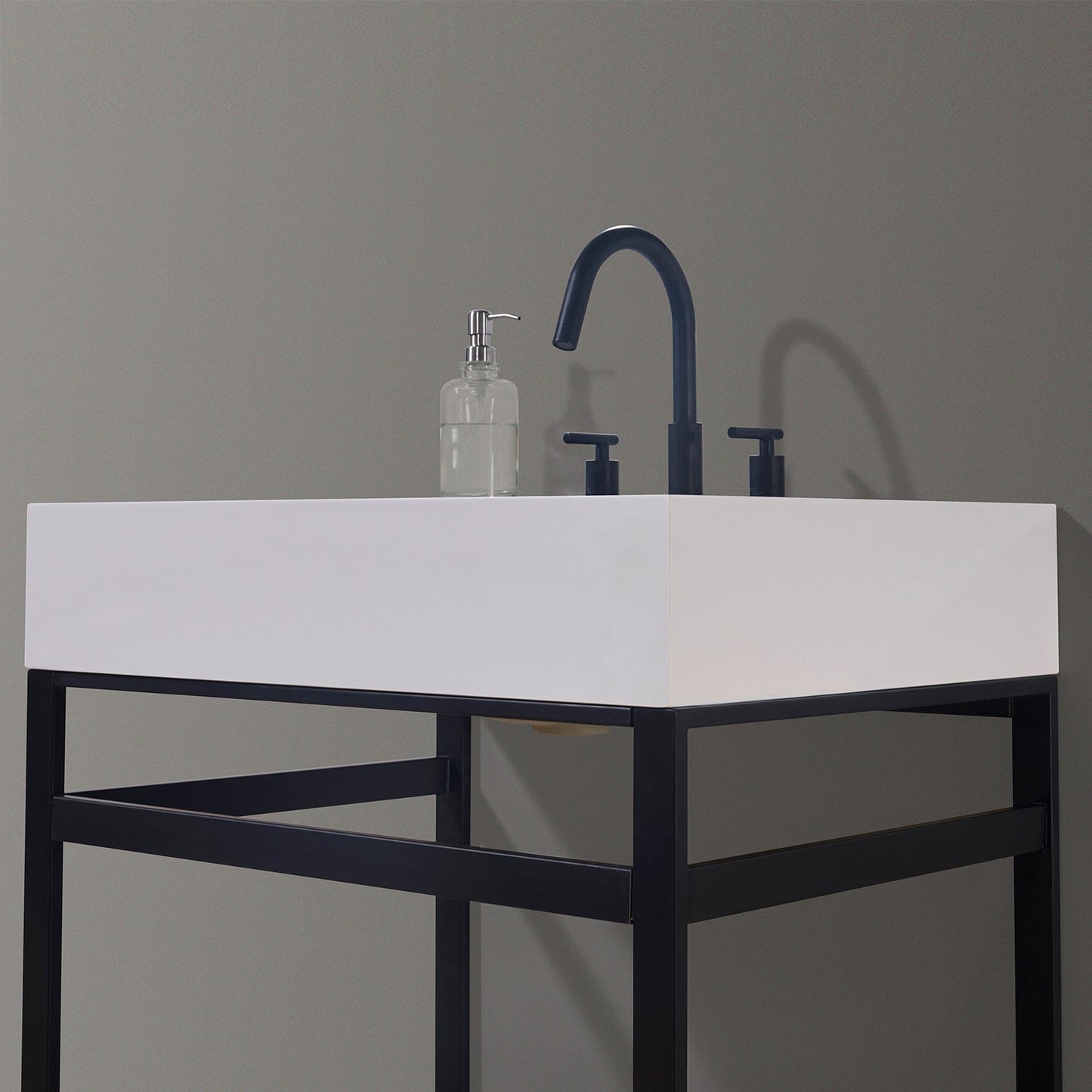 Edolo 30" Single Stainless Steel Vanity Console in Matt Black with Snow White Stone Countertop and Mirror
